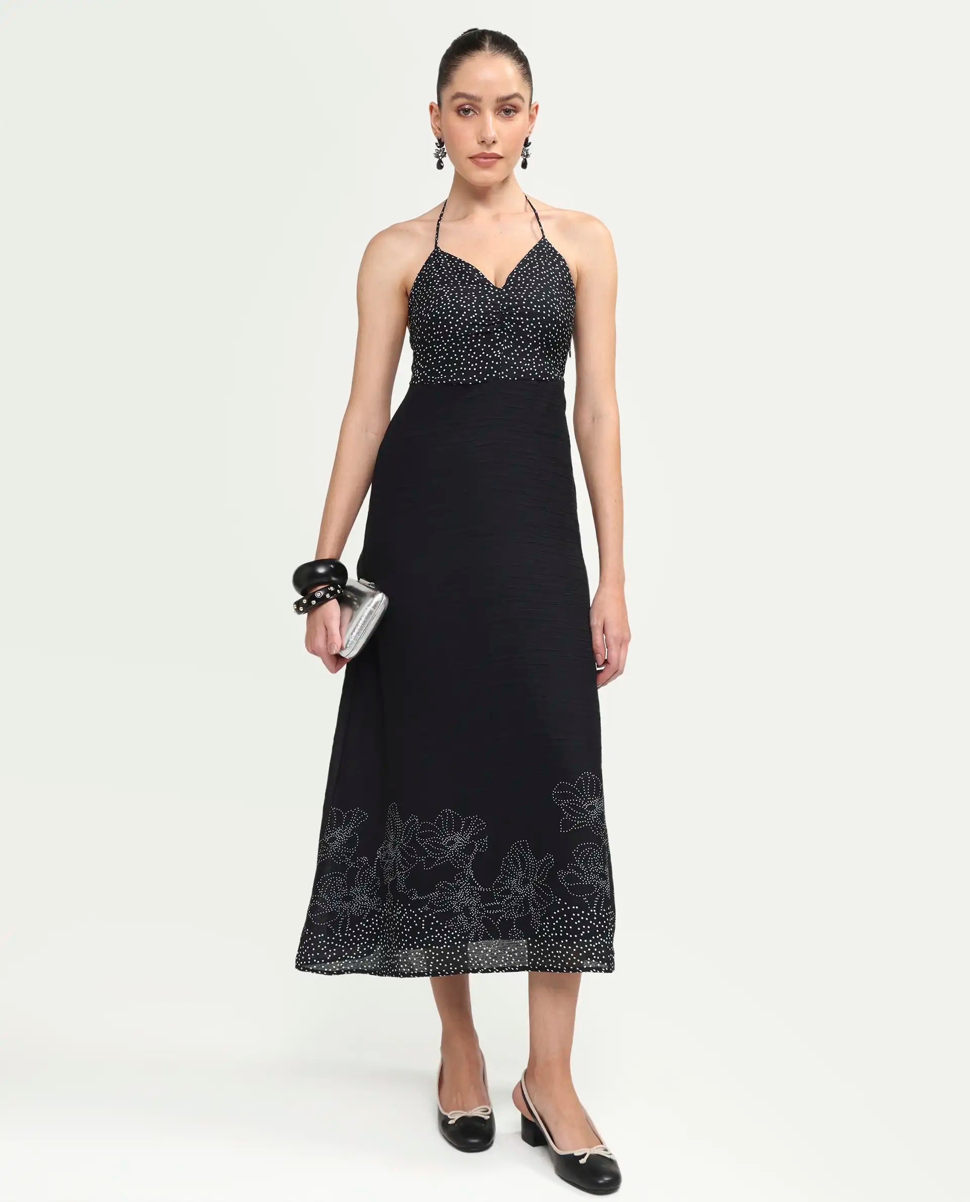 Rareism Women's Cassy Black Polyester Sleeveless Fit And Flare Floral Print Dress