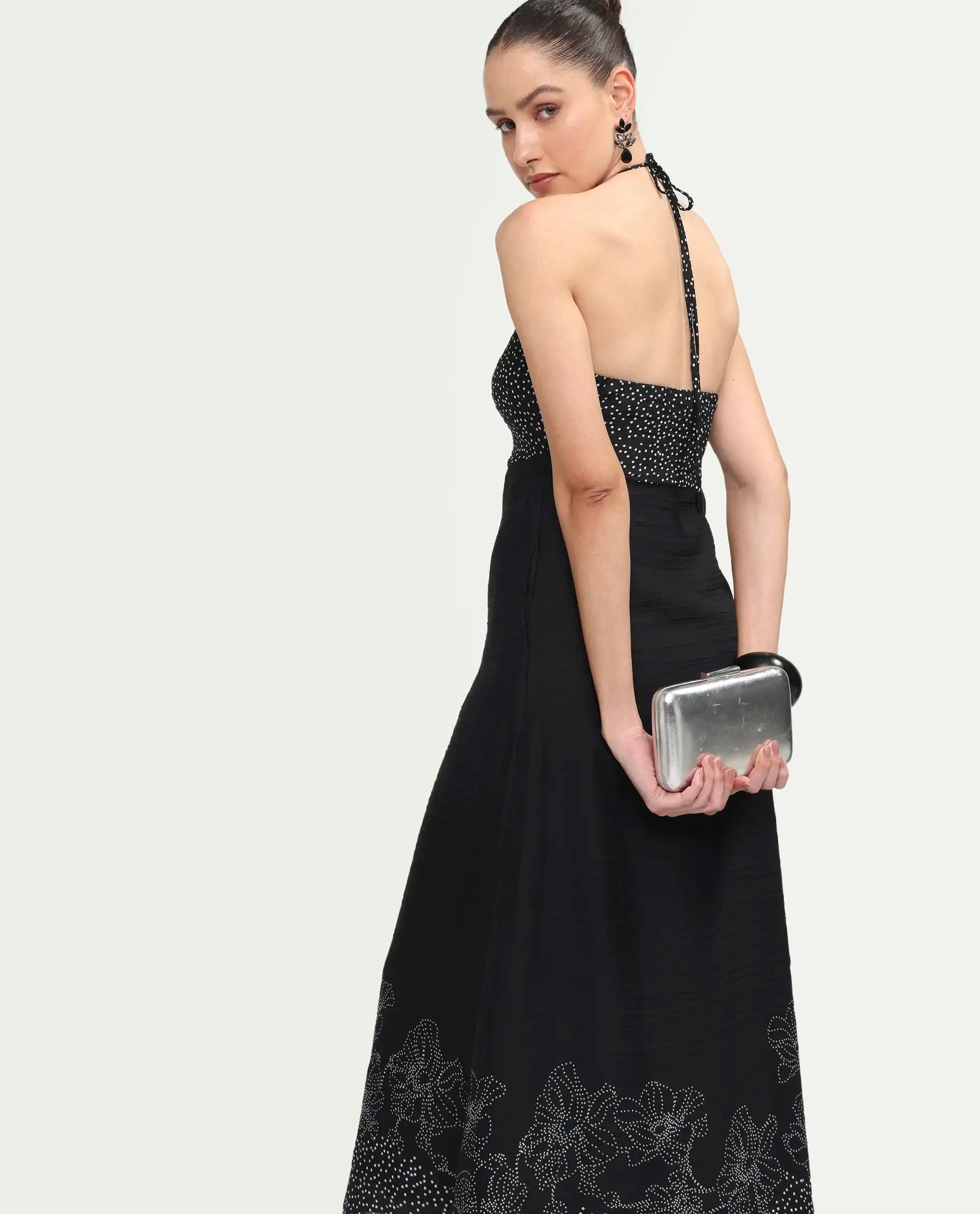 Rareism Women's Cassy Black Polyester Sleeveless Fit And Flare Floral Print Dress