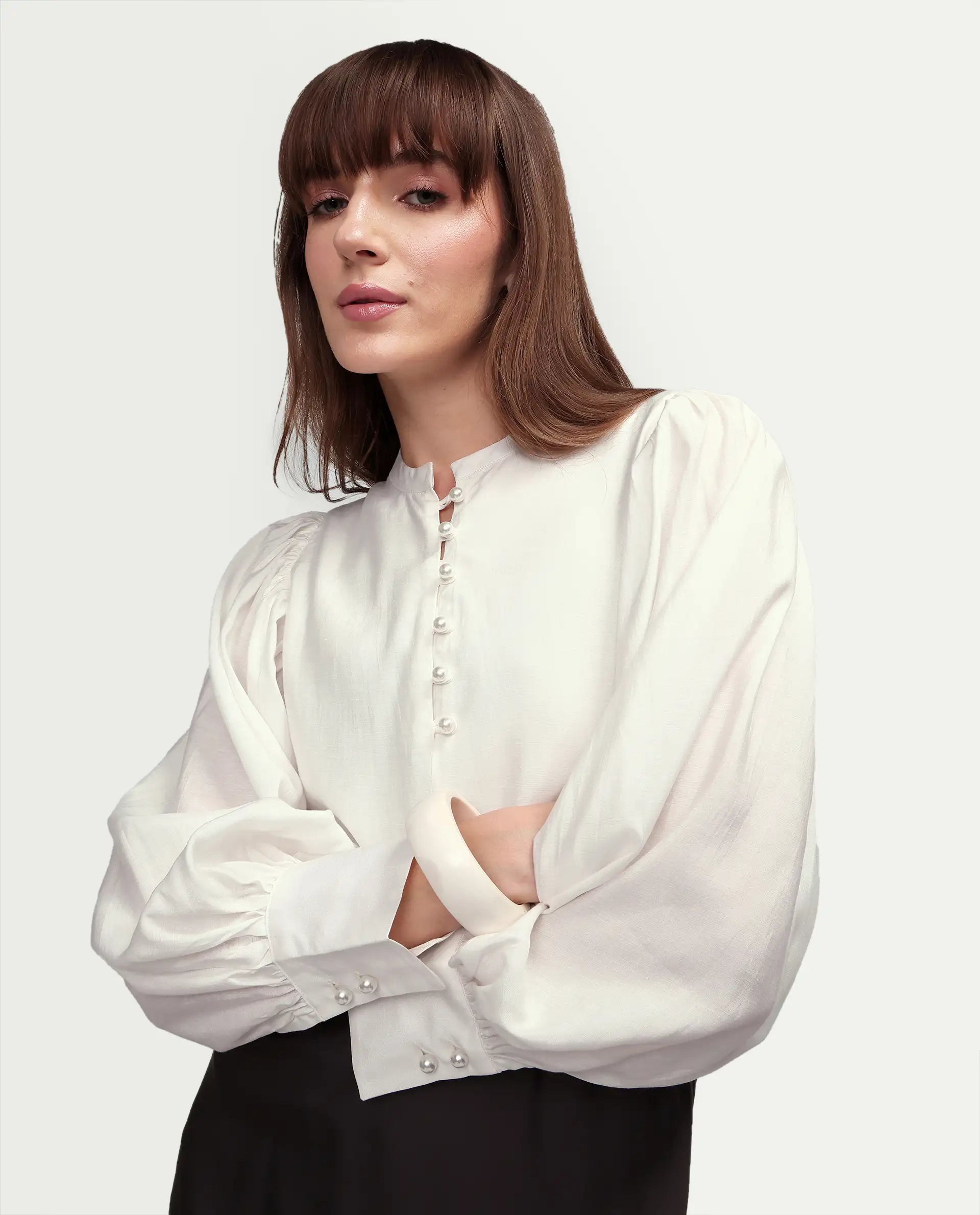 Rareism Women's Ceca Off White Viscose Blend Full Sleeve Relaxed Fit Plain Top