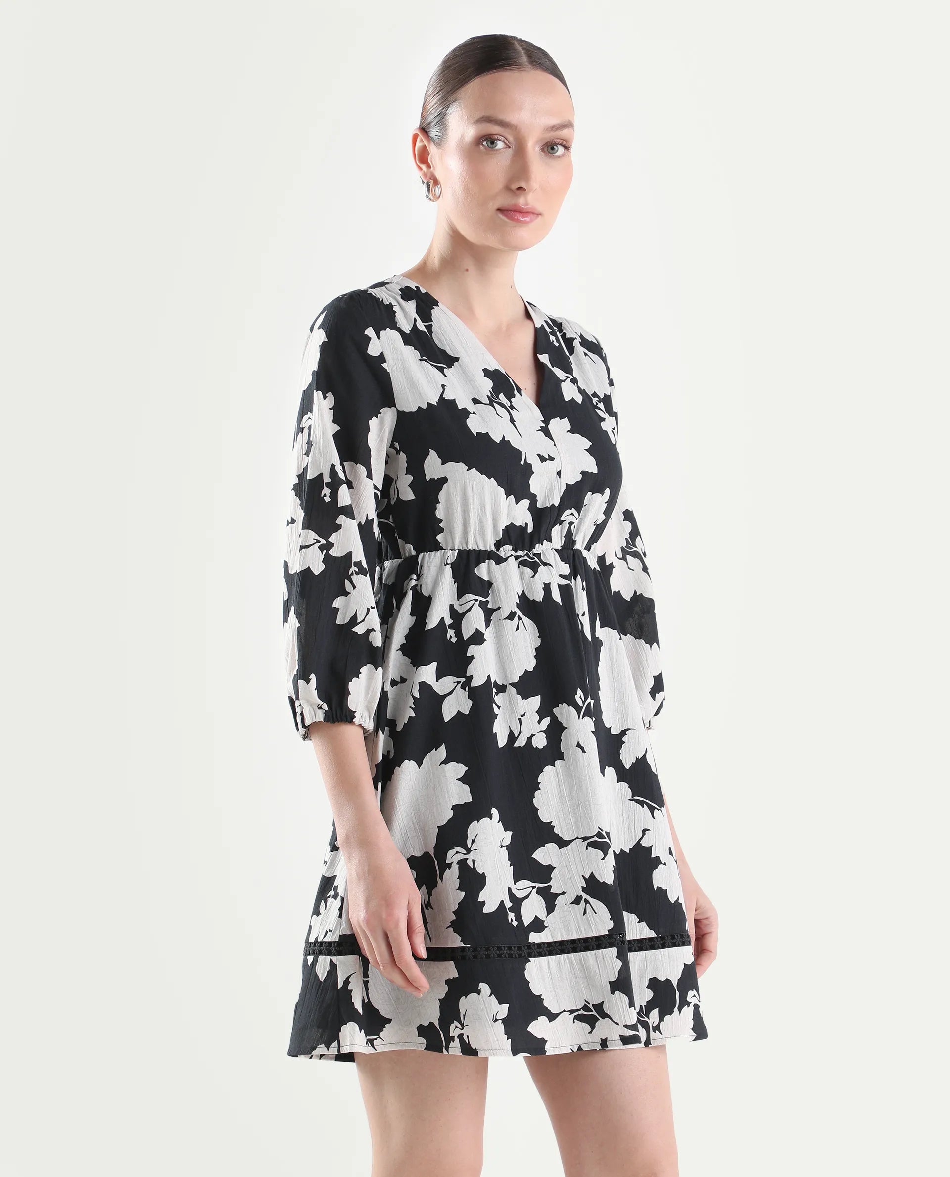Rareism Women's Cezar Black Cotton 3/4Th Sleeve Flared Printed Dress