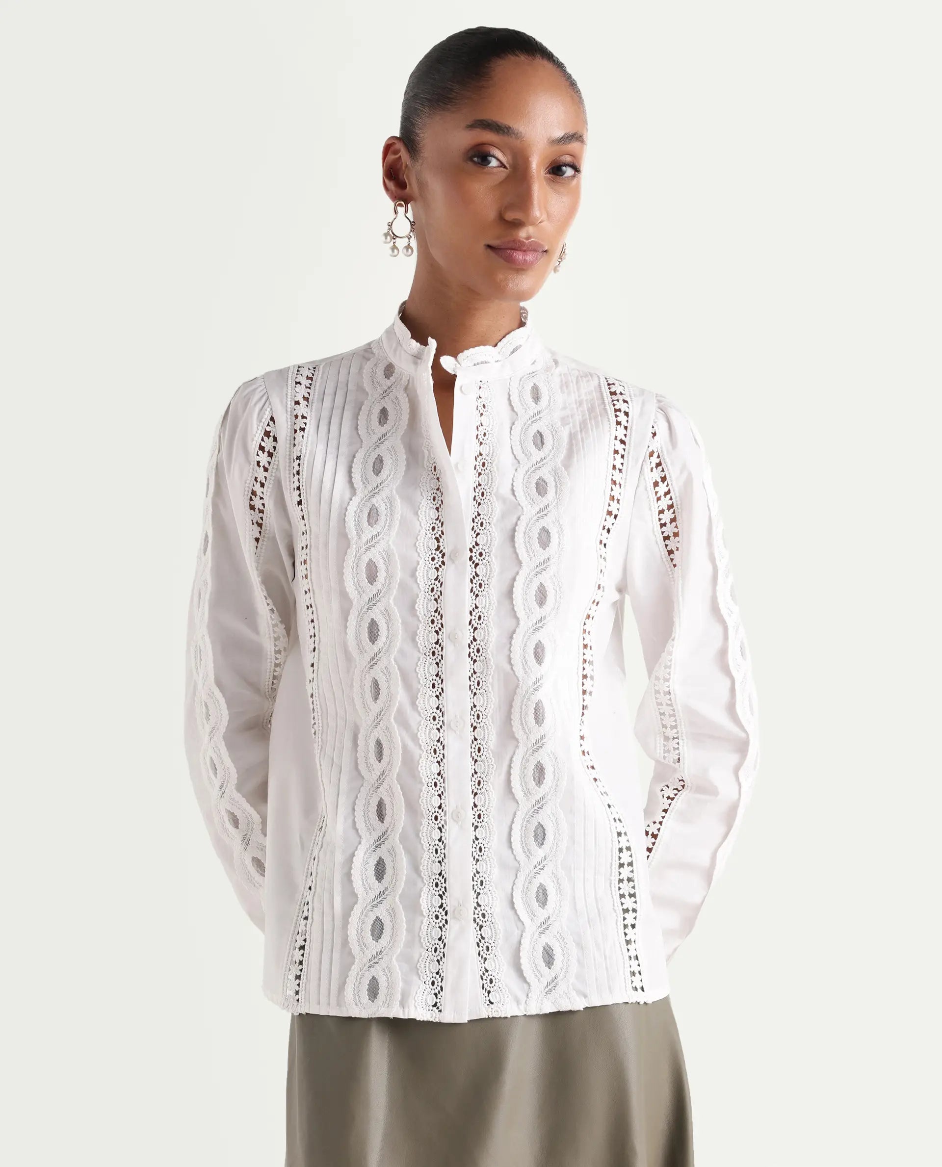 Rareism Women's Cila White Cotton Full Sleeve Relaxed Fit Plain Top