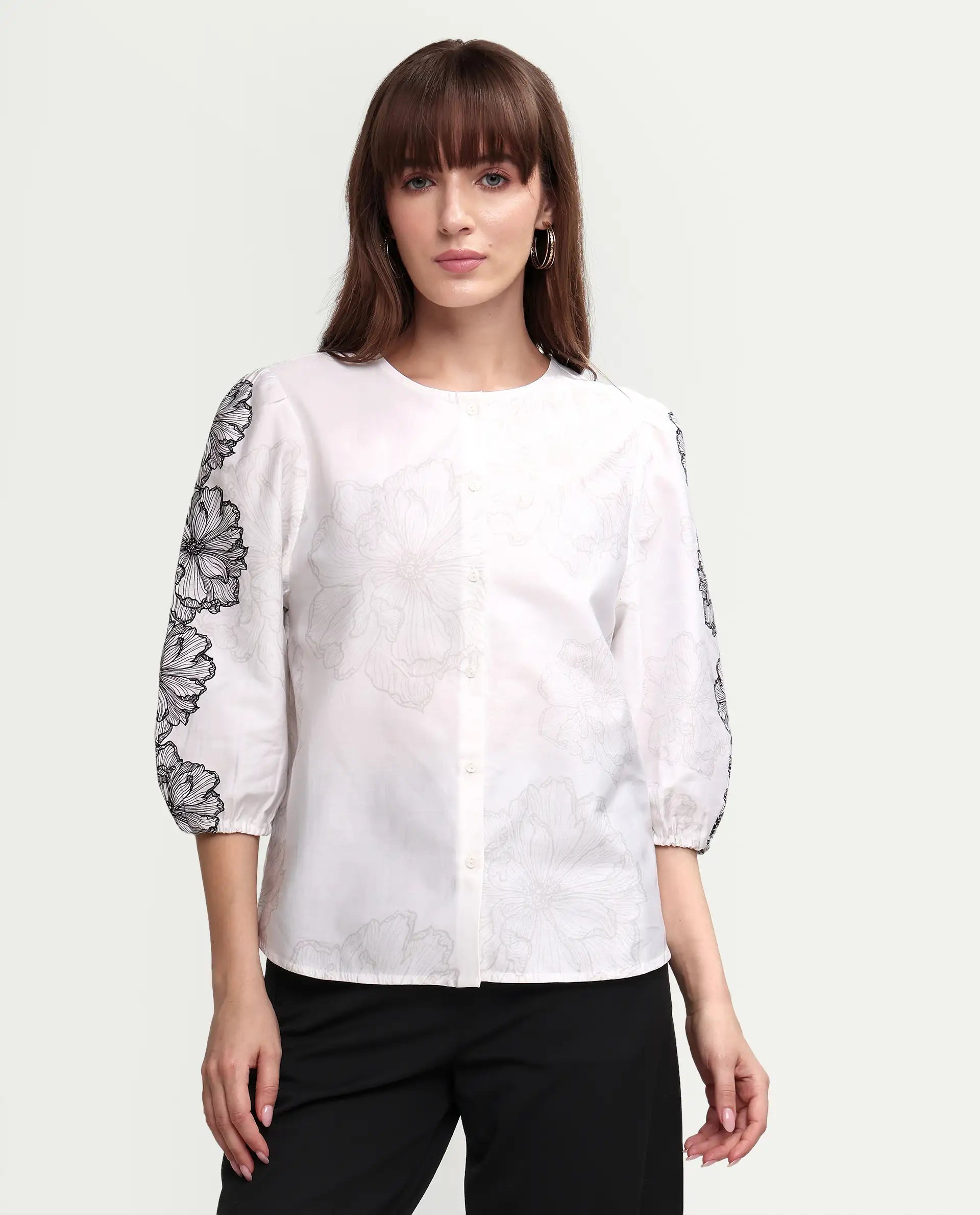 Rareism Women's Clov White Cotton 3/4Th Sleeve Regular Fit Floral Print Top
