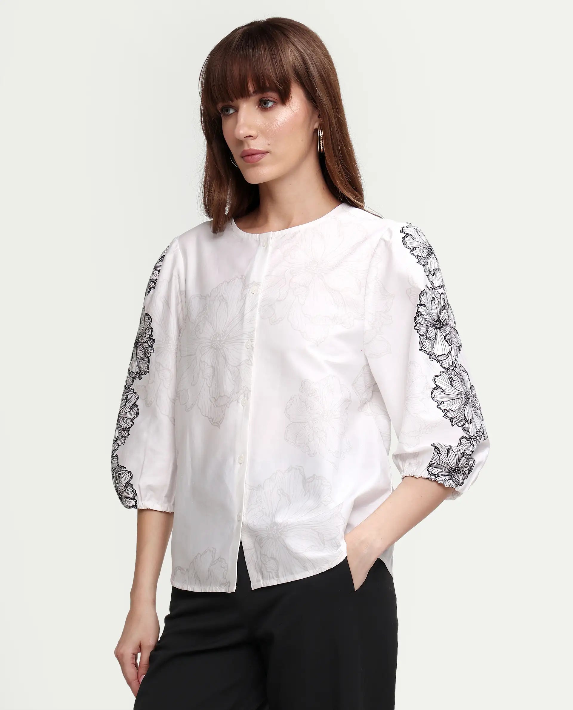 Rareism Women's Clov White Cotton 3/4Th Sleeve Regular Fit Floral Print Top