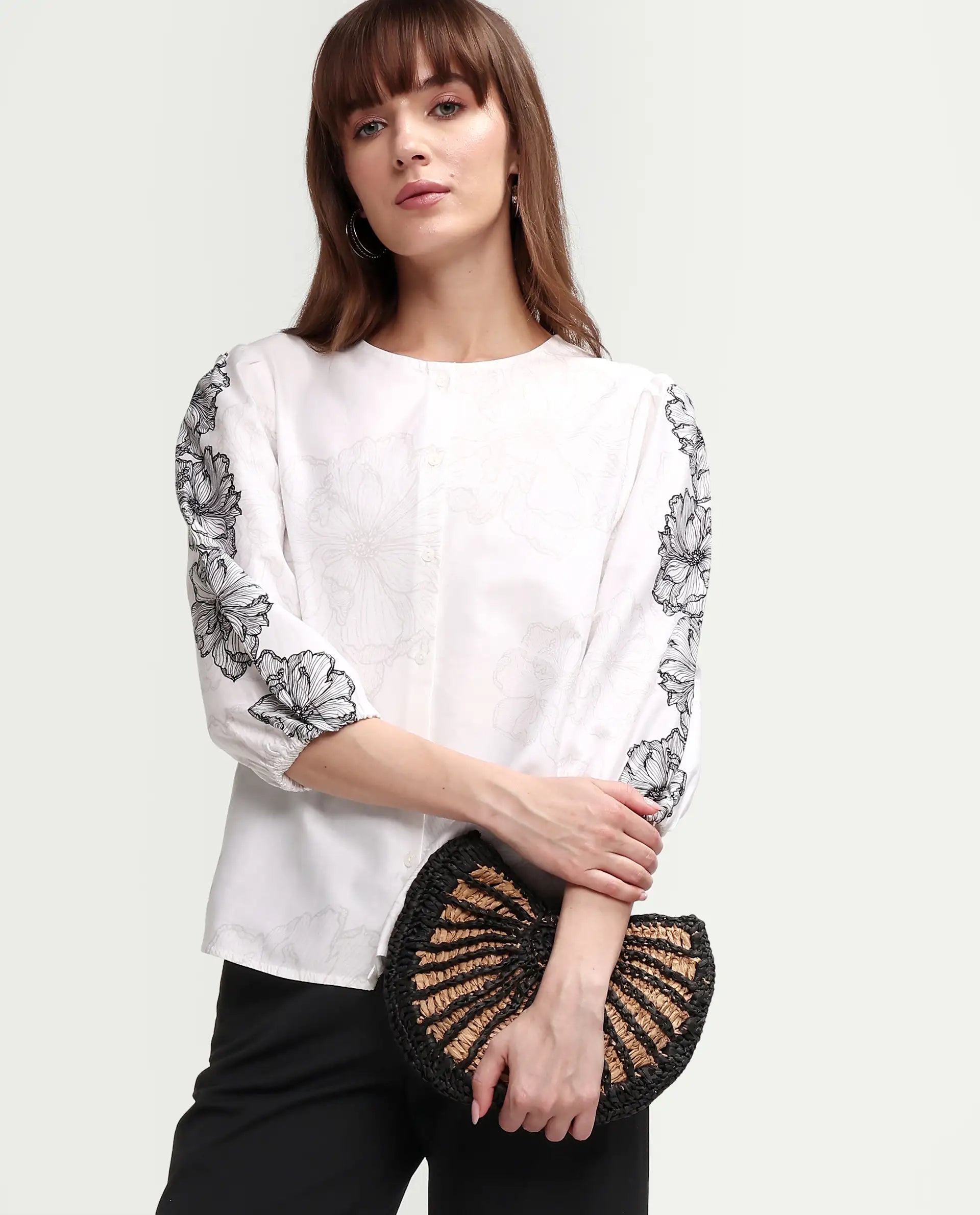 Rareism Women's Clov White Cotton 3/4Th Sleeve Regular Fit Floral Print Top