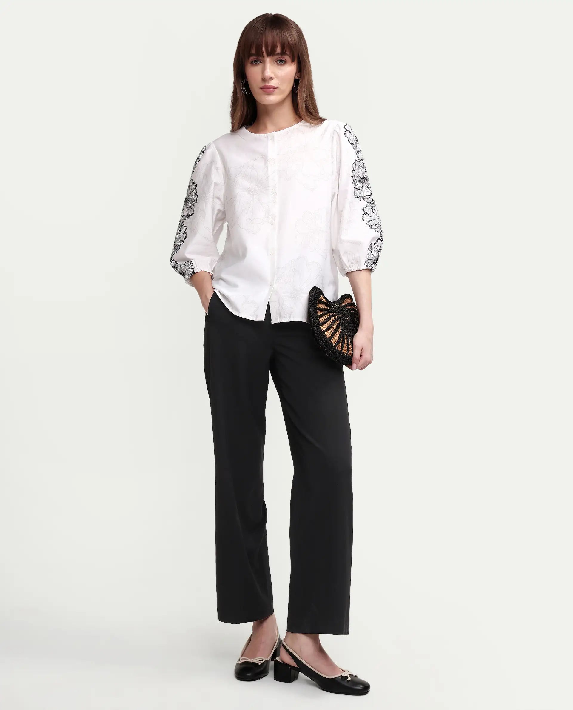 Rareism Women's Clov White Cotton 3/4Th Sleeve Regular Fit Floral Print Top