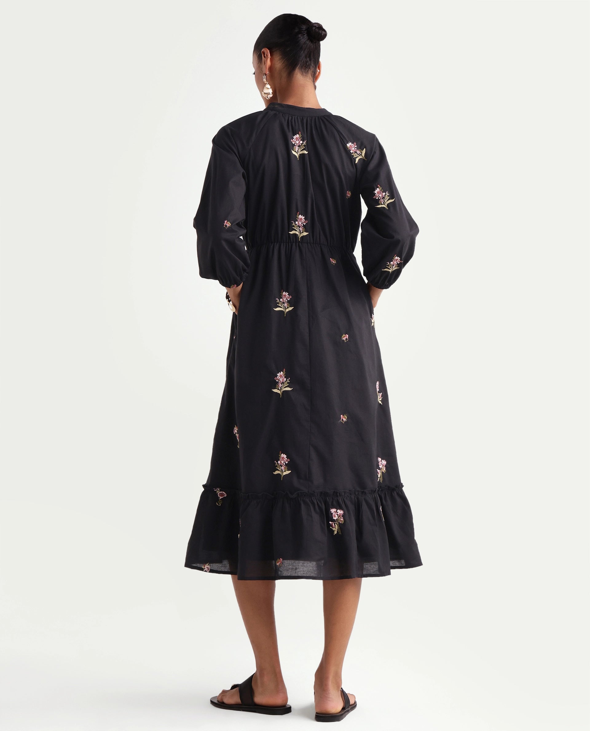Rareism Women's Cyndin Black Viscose Blend Tie-Up Fit And Flare Plain Dress