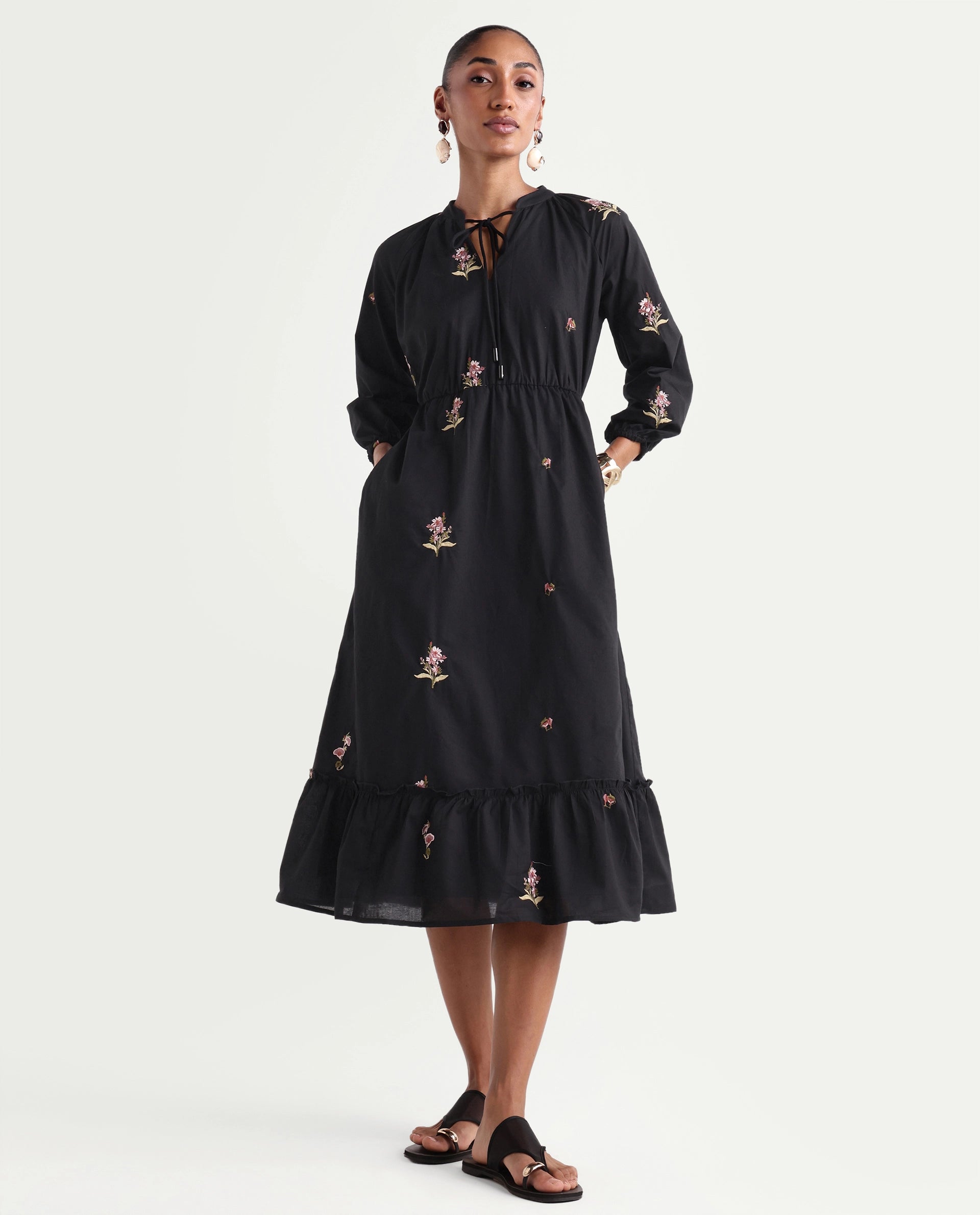 Rareism Women's Cyndin Black Viscose Blend Tie-Up Fit And Flare Plain Dress