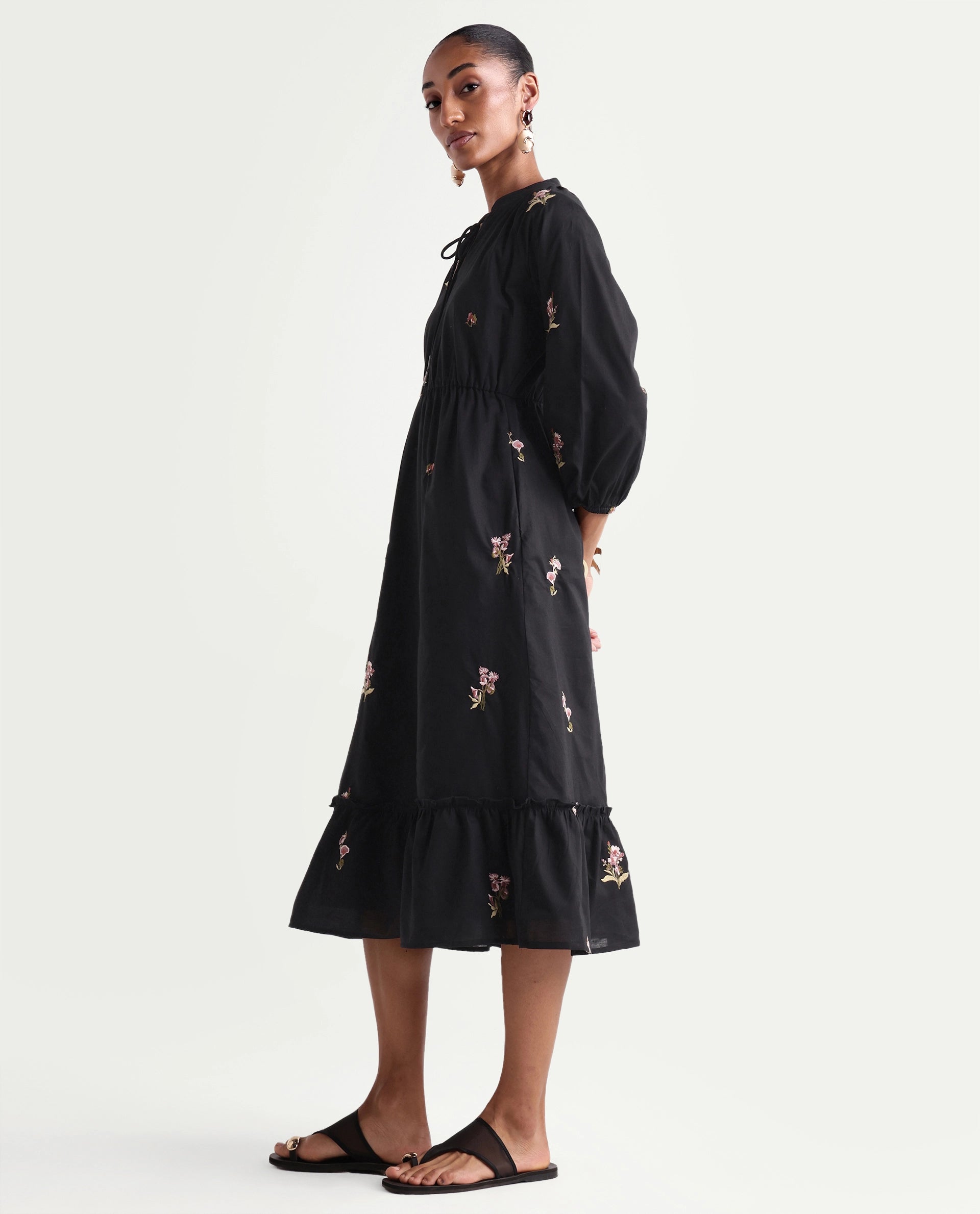Rareism Women's Cyndin Black Viscose Blend Tie-Up Fit And Flare Plain Dress