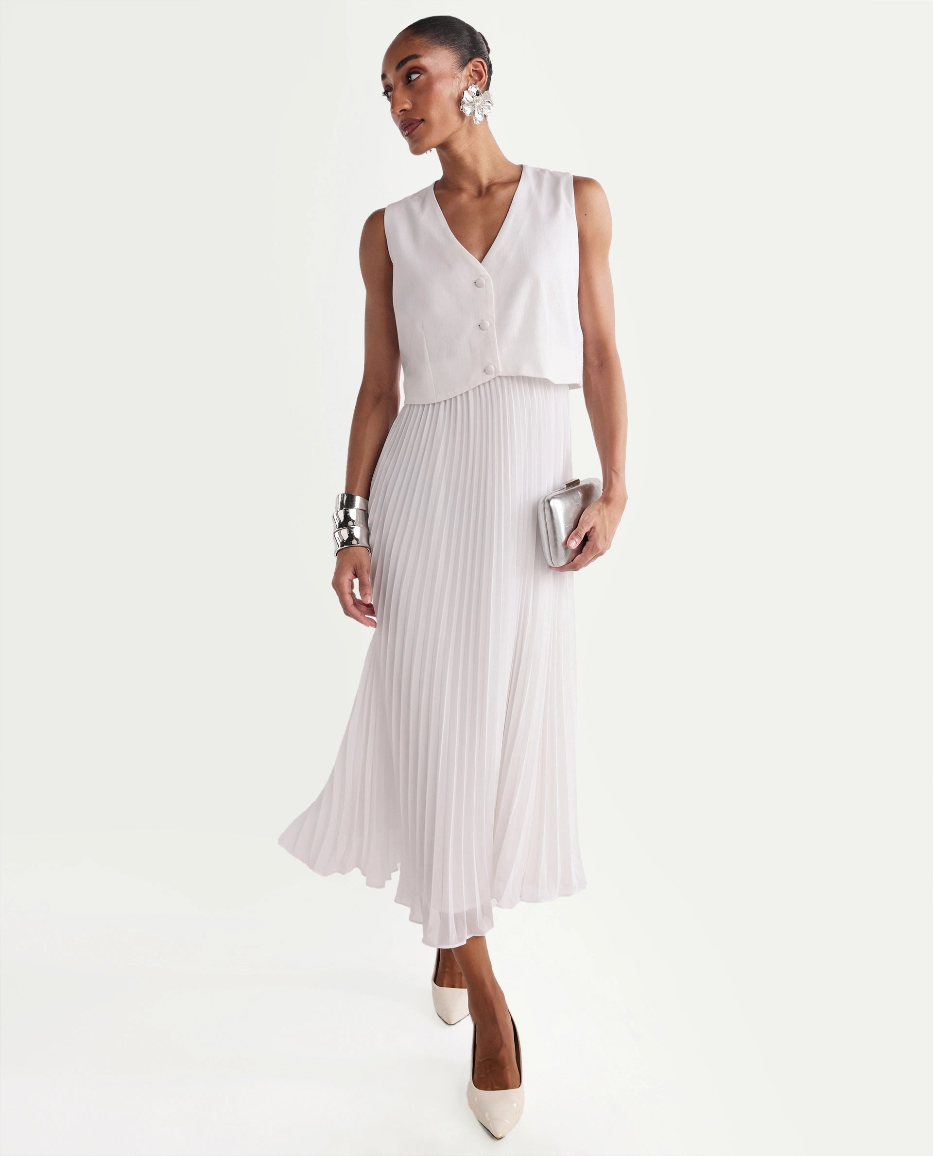 Rareism Women's Mace Off White Cotton Blend Sleeveless V-Neck A-Line Dress