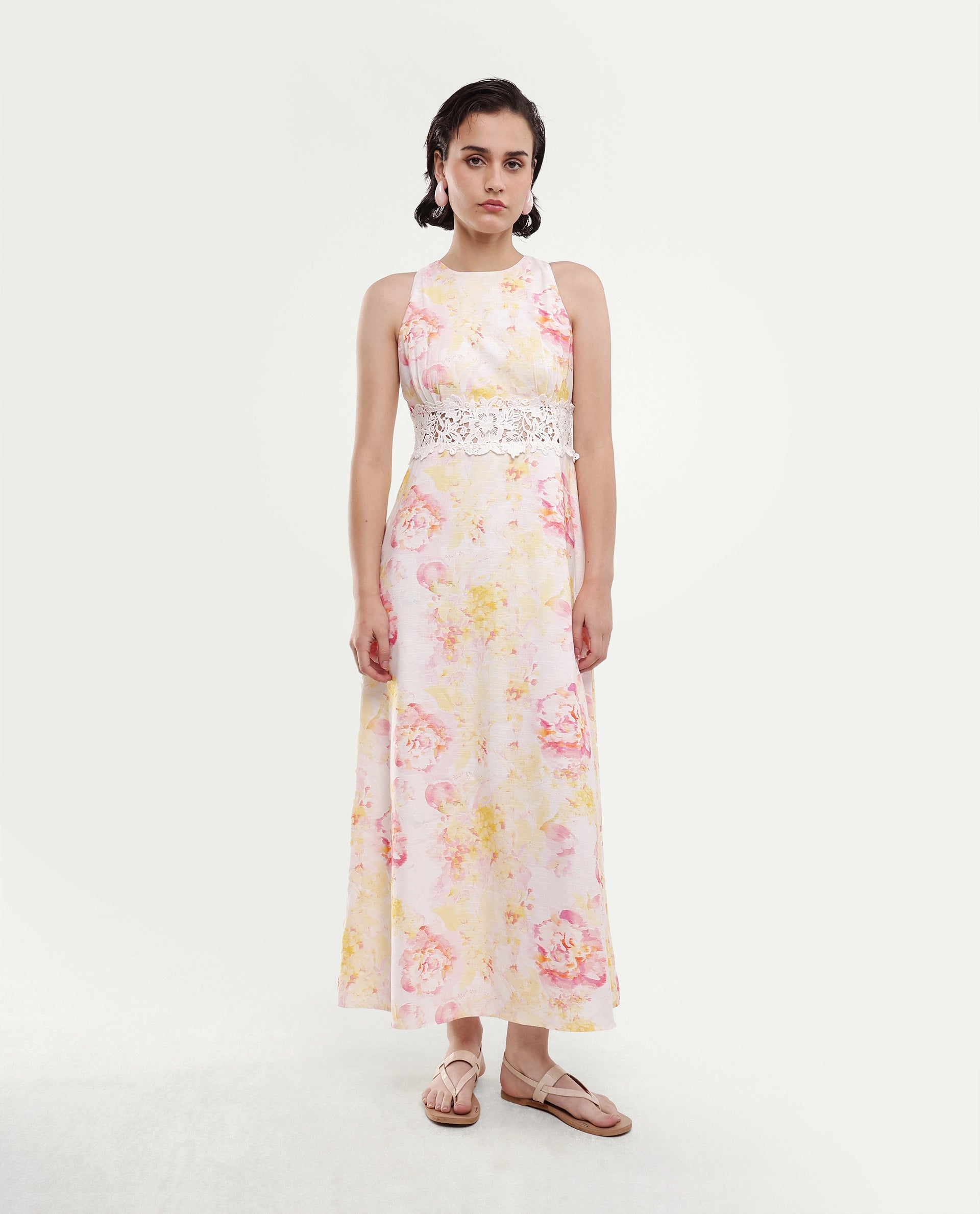 Rareism Women's Mavi Multi Cotton Sleeveless Crew Neck A-Line Floral Print Dress