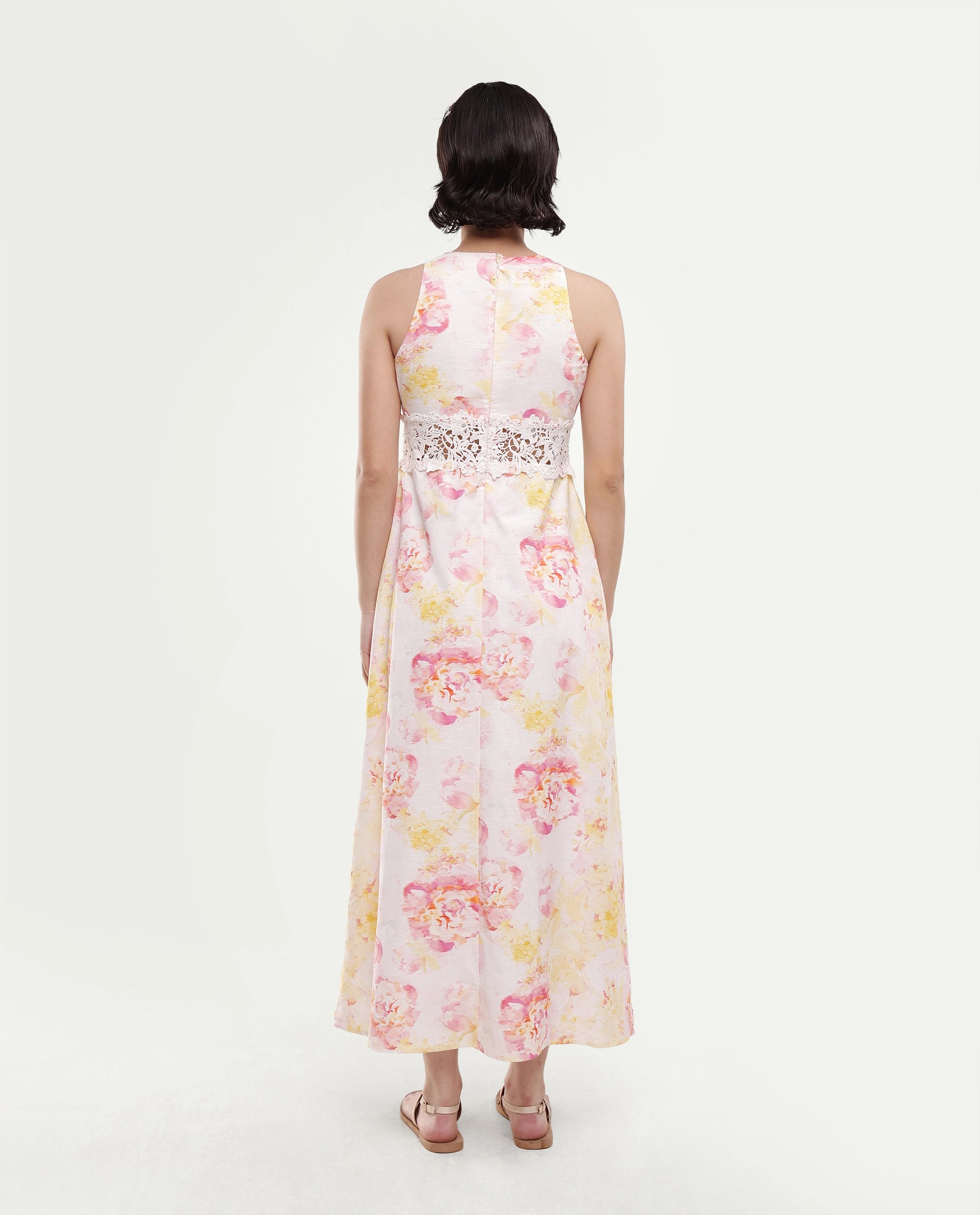 Rareism Women's Mavi Multi Cotton Sleeveless Crew Neck A-Line Floral Print Dress
