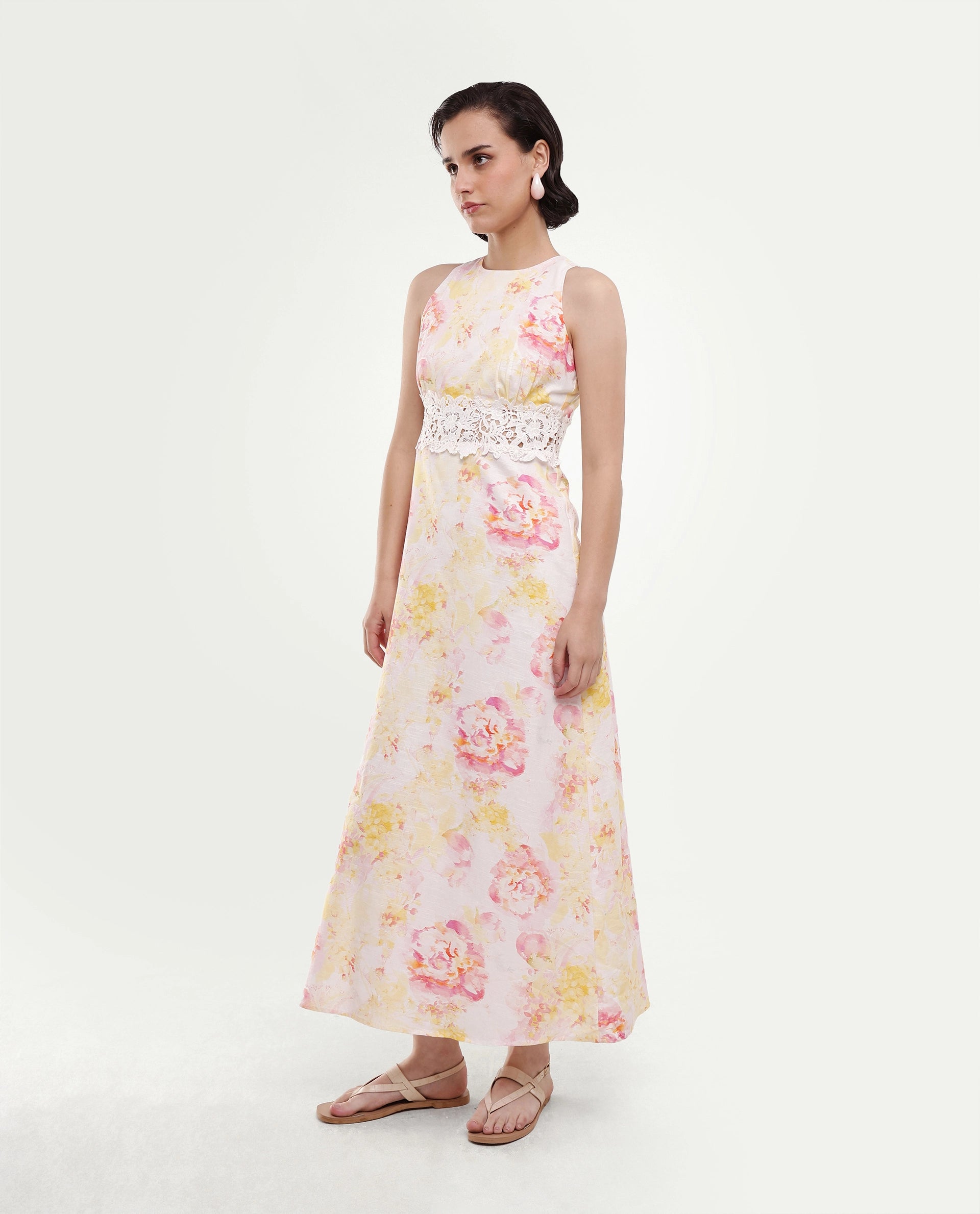 Rareism Women's Mavi Multi Cotton Sleeveless Crew Neck A-Line Floral Print Dress