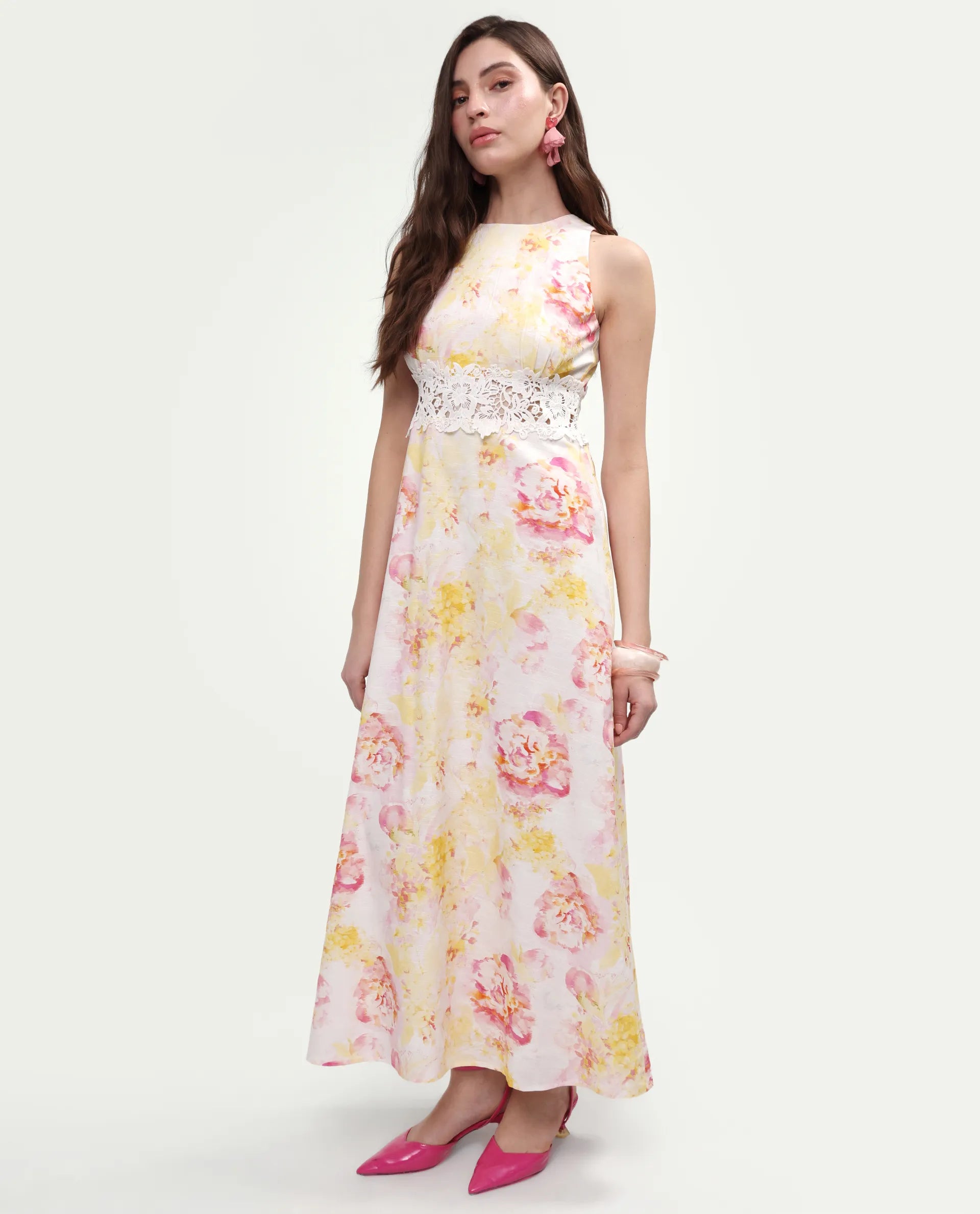Rareism Women's Mavi Multi Cotton Sleeveless Crew Neck A-Line Floral Print Dress