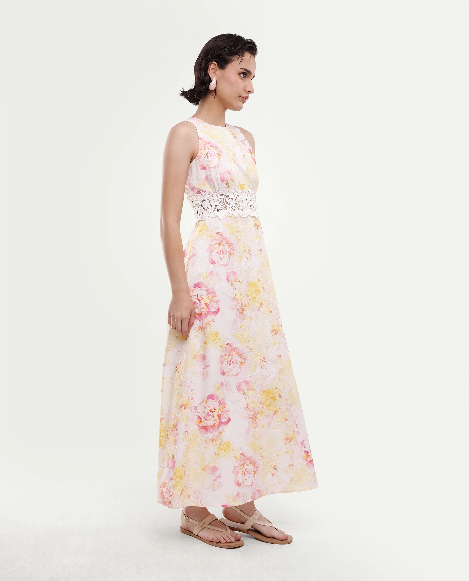 Rareism Women's Mavi Multi Cotton Sleeveless Crew Neck A-Line Floral Print Dress