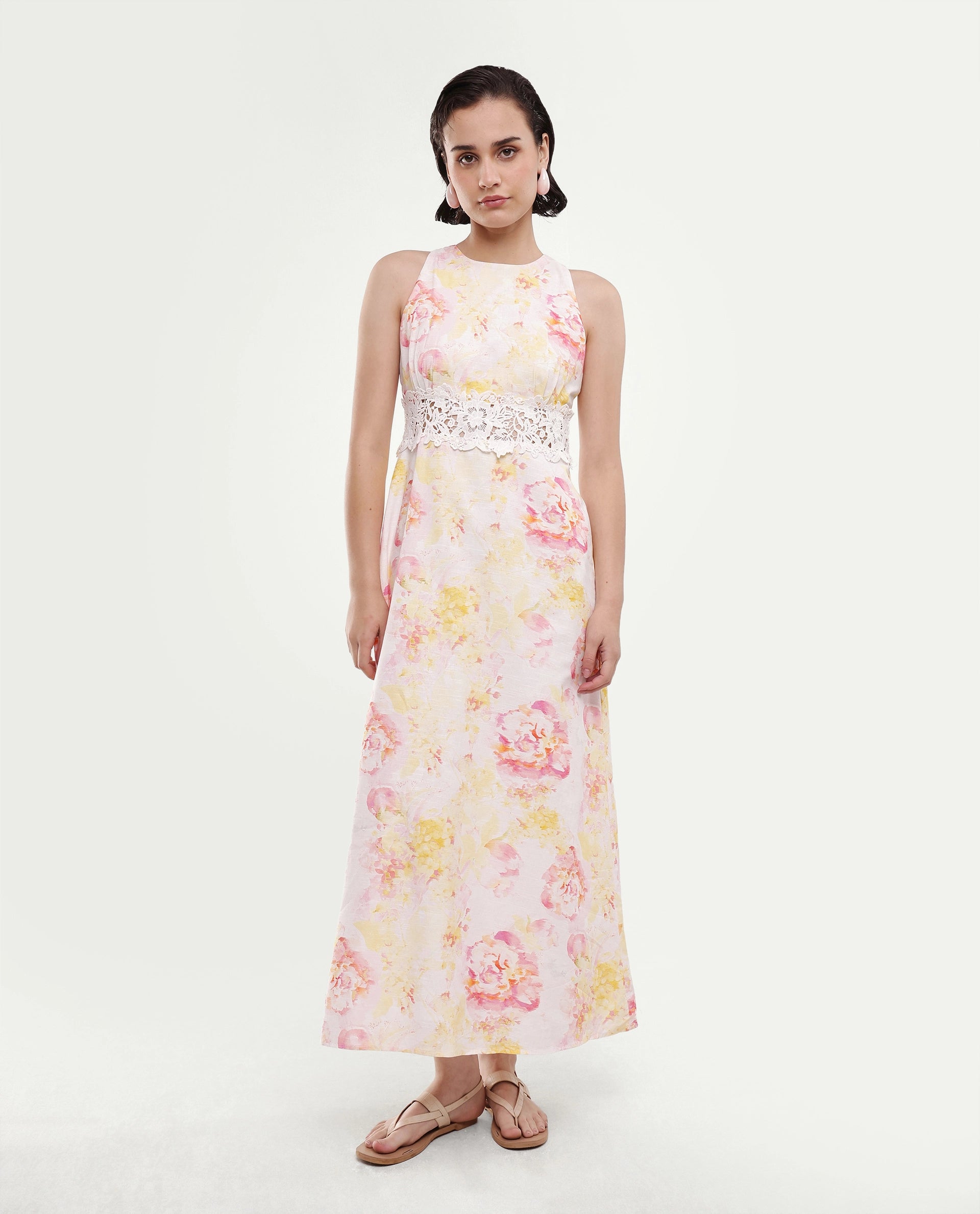 Rareism Women's Mavi Multi Cotton Sleeveless Crew Neck A-Line Floral Print Dress