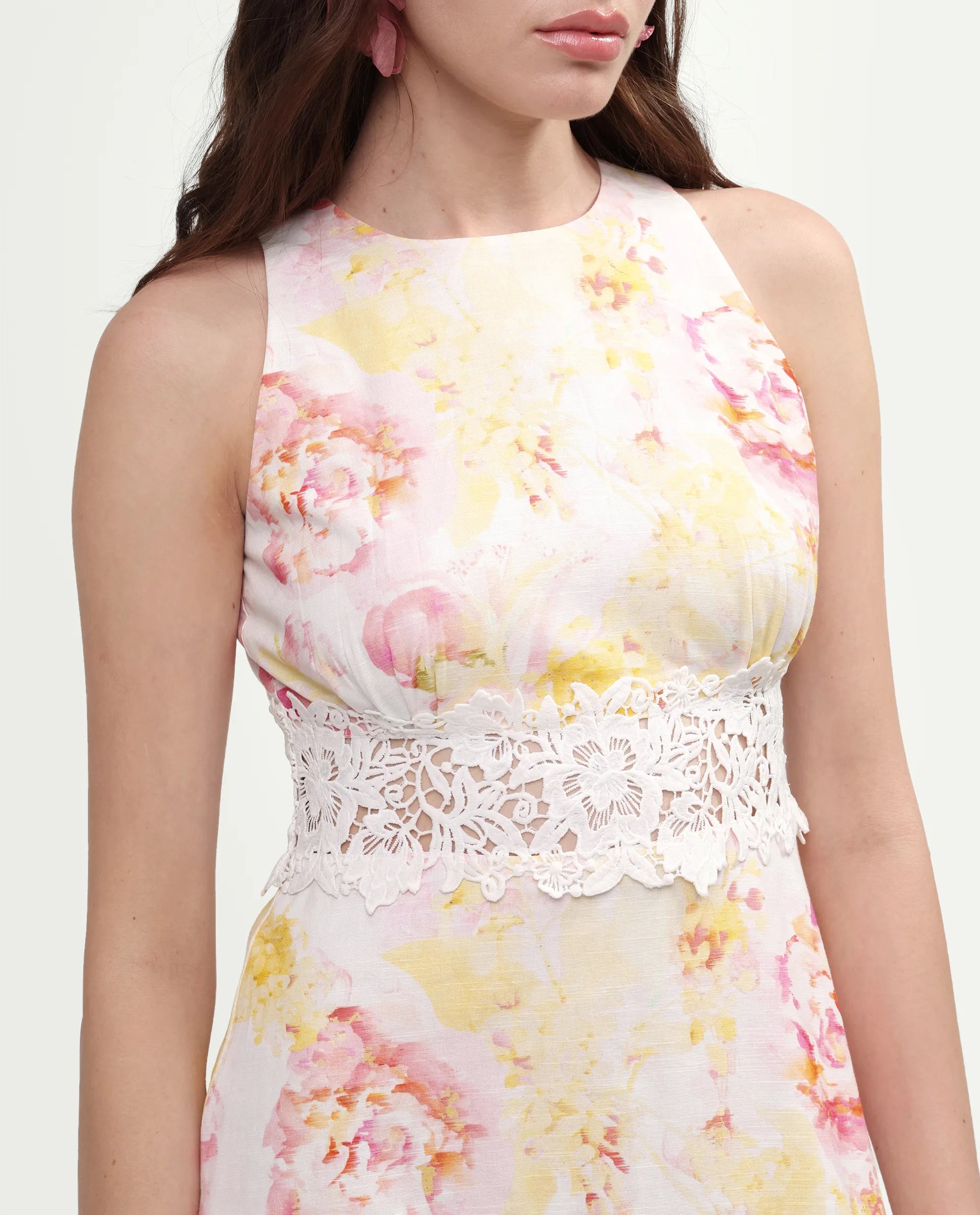 Rareism Women's Mavi Multi Cotton Sleeveless Crew Neck A-Line Floral Print Dress