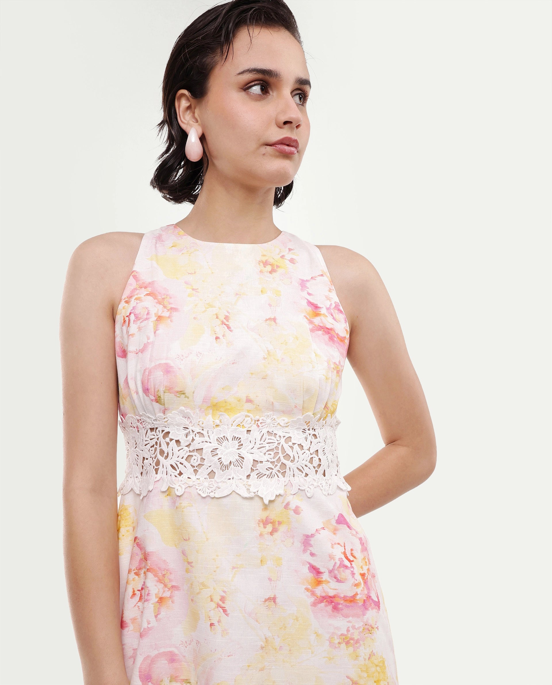 Rareism Women's Mavi Multi Cotton Sleeveless Crew Neck A-Line Floral Print Dress