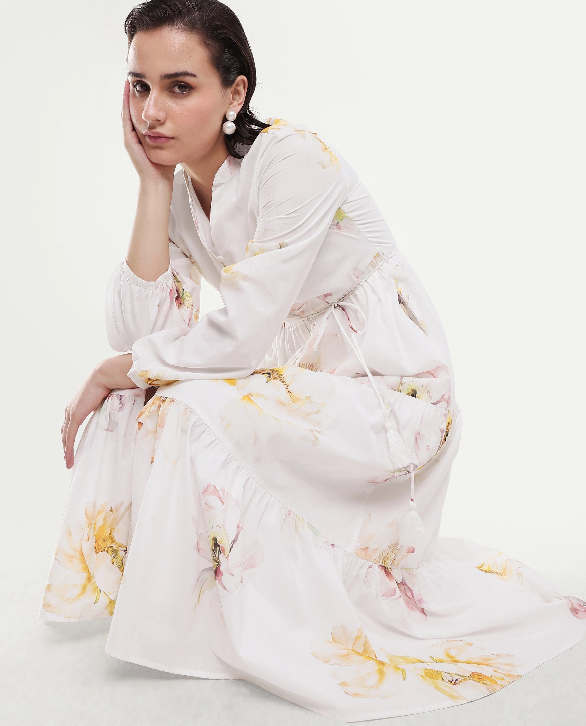 Rareism Women's Mehik Off White Cotton Full Sleeve Mandarin Collar Tiered Floral Print Dress