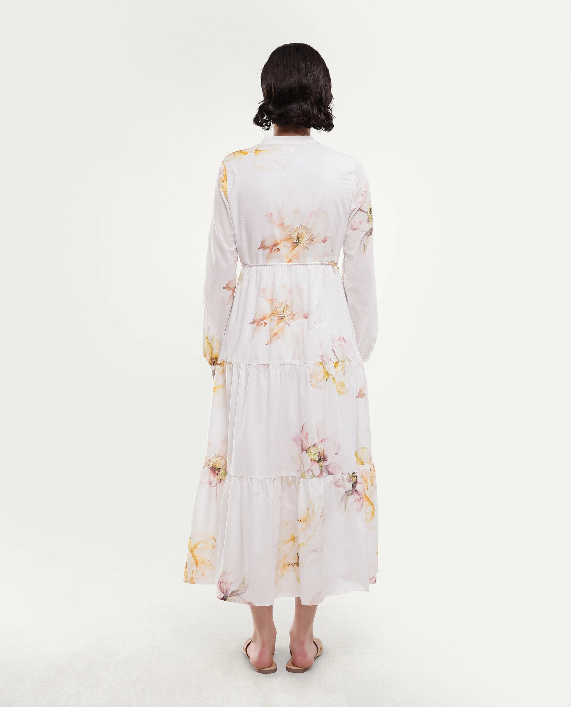 Rareism Women's Mehik Off White Cotton Full Sleeve Mandarin Collar Tiered Floral Print Dress