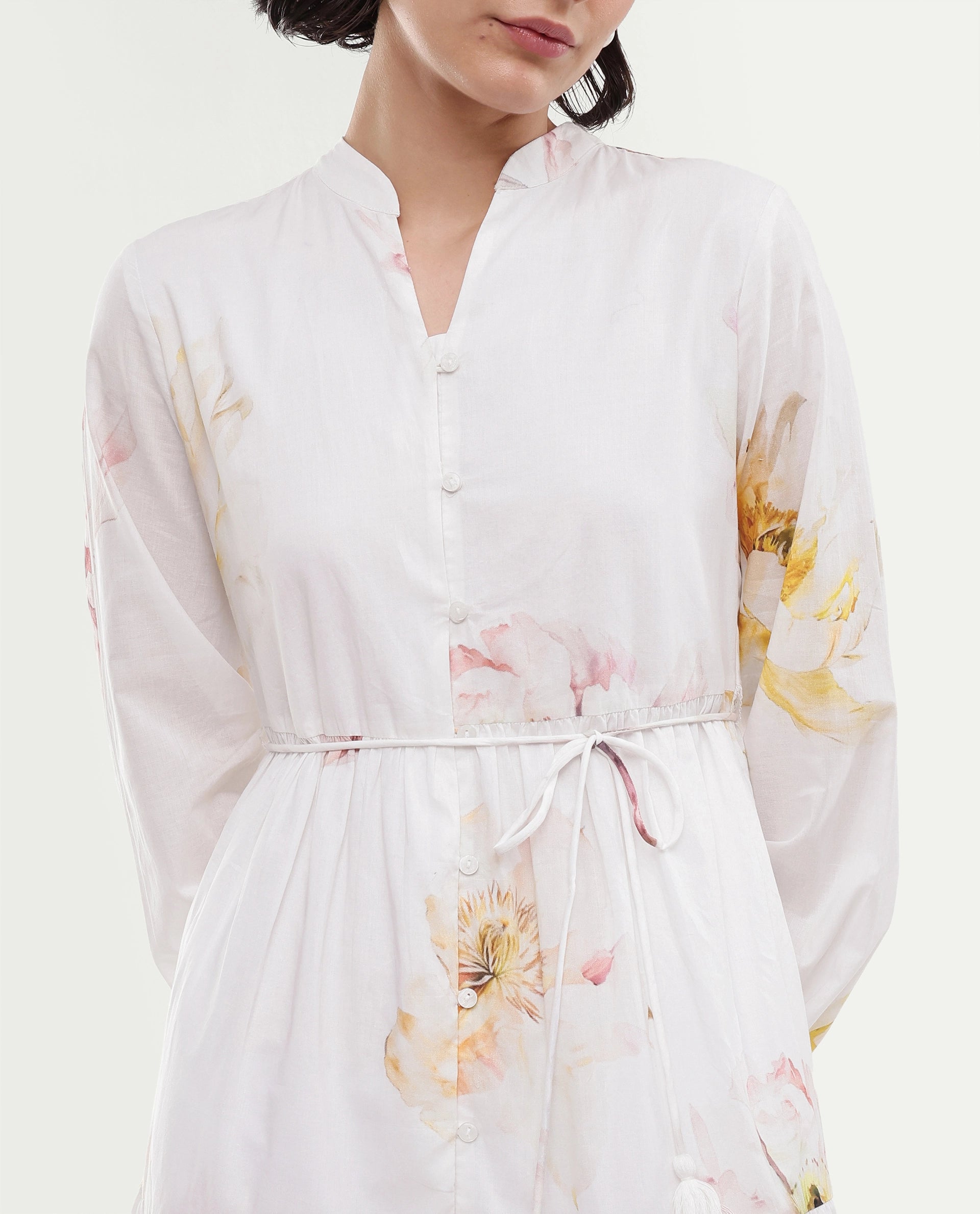 Rareism Women's Mehik Off White Cotton Full Sleeve Mandarin Collar Tiered Floral Print Dress