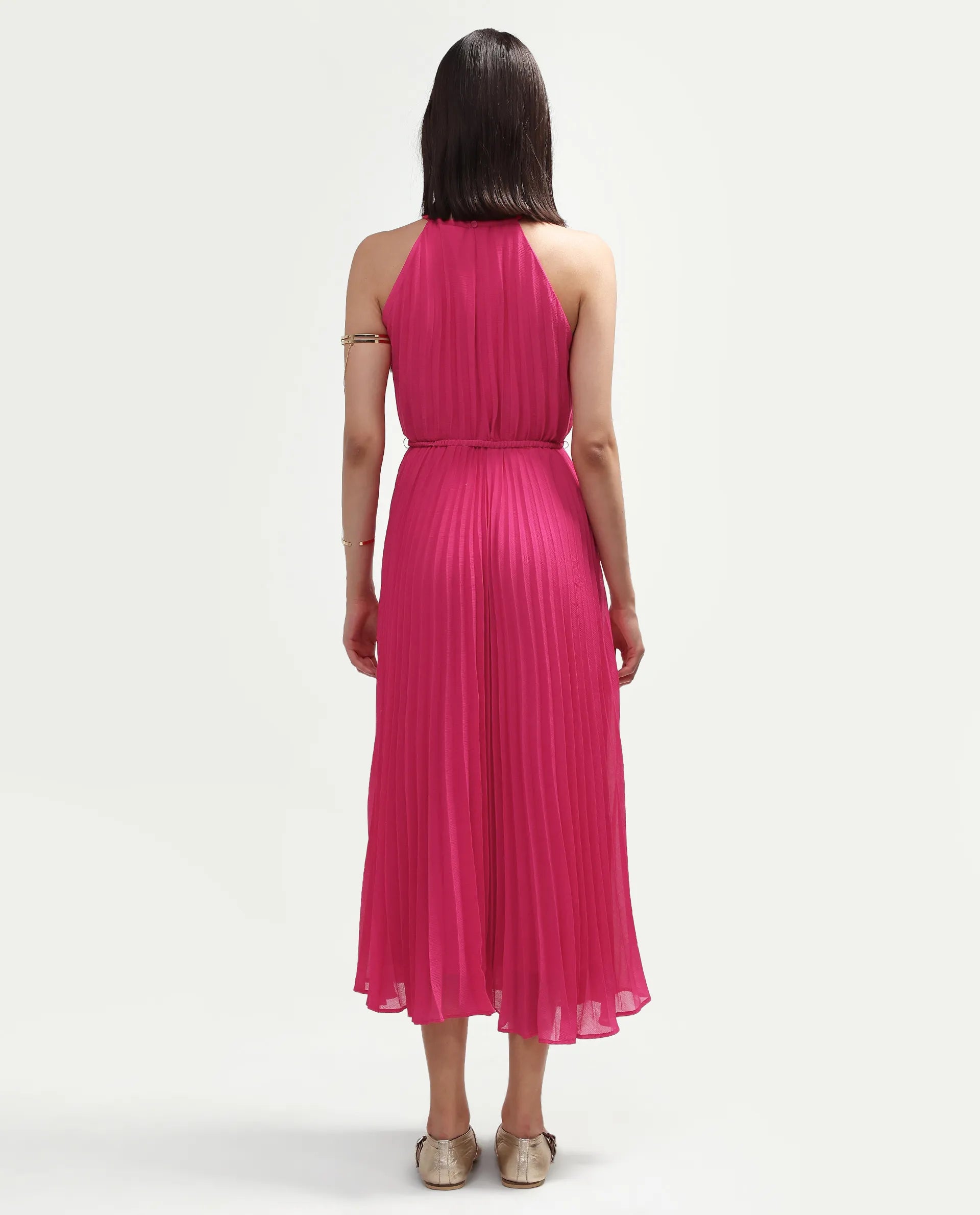 Rareism Women's Meplet Pink Polyester Sleeveless Halter Neck A-Line Dress