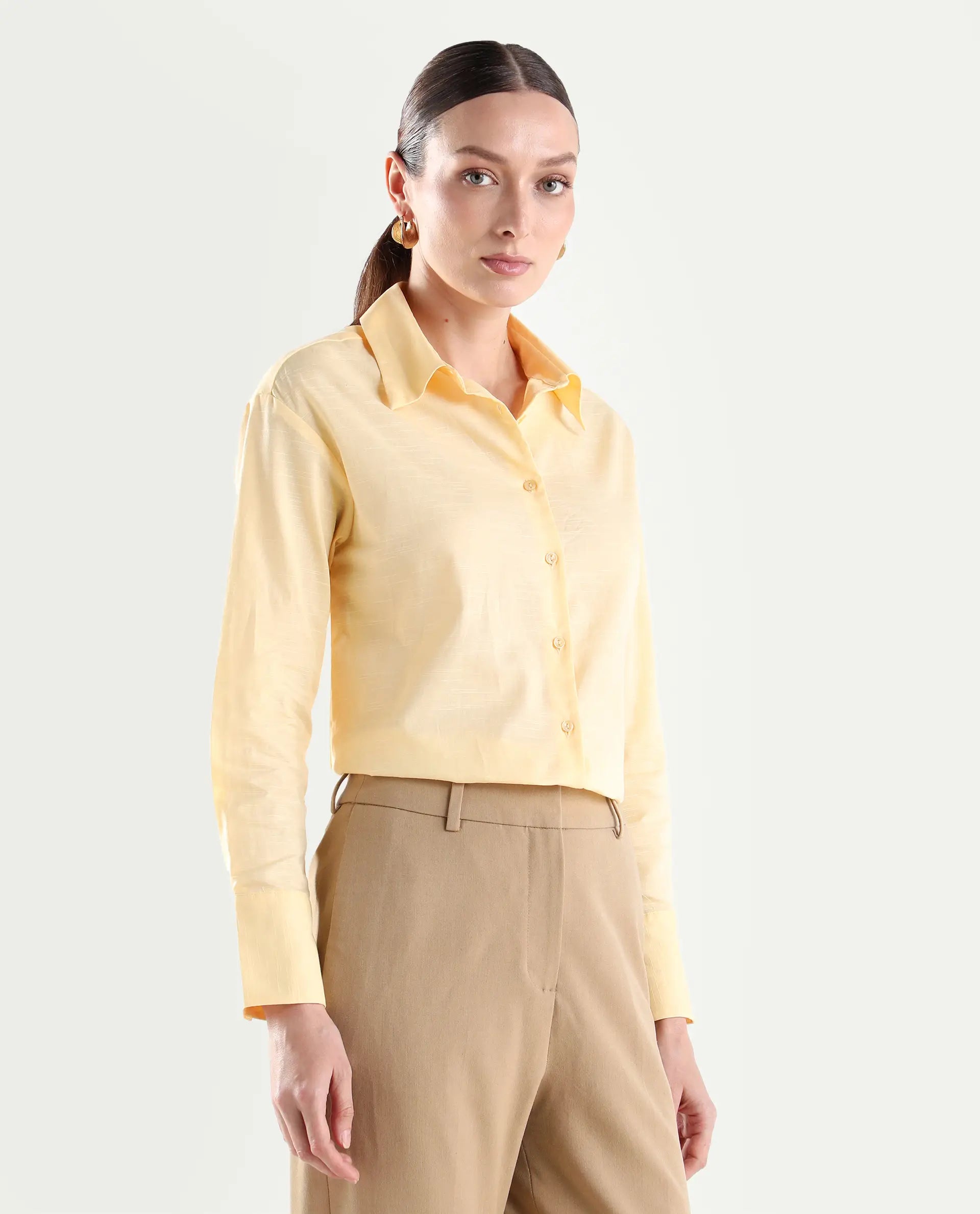 Rareism Women's Mewok Yellow Cotton Full Sleeve Spread Collar Regular Plain Shirt