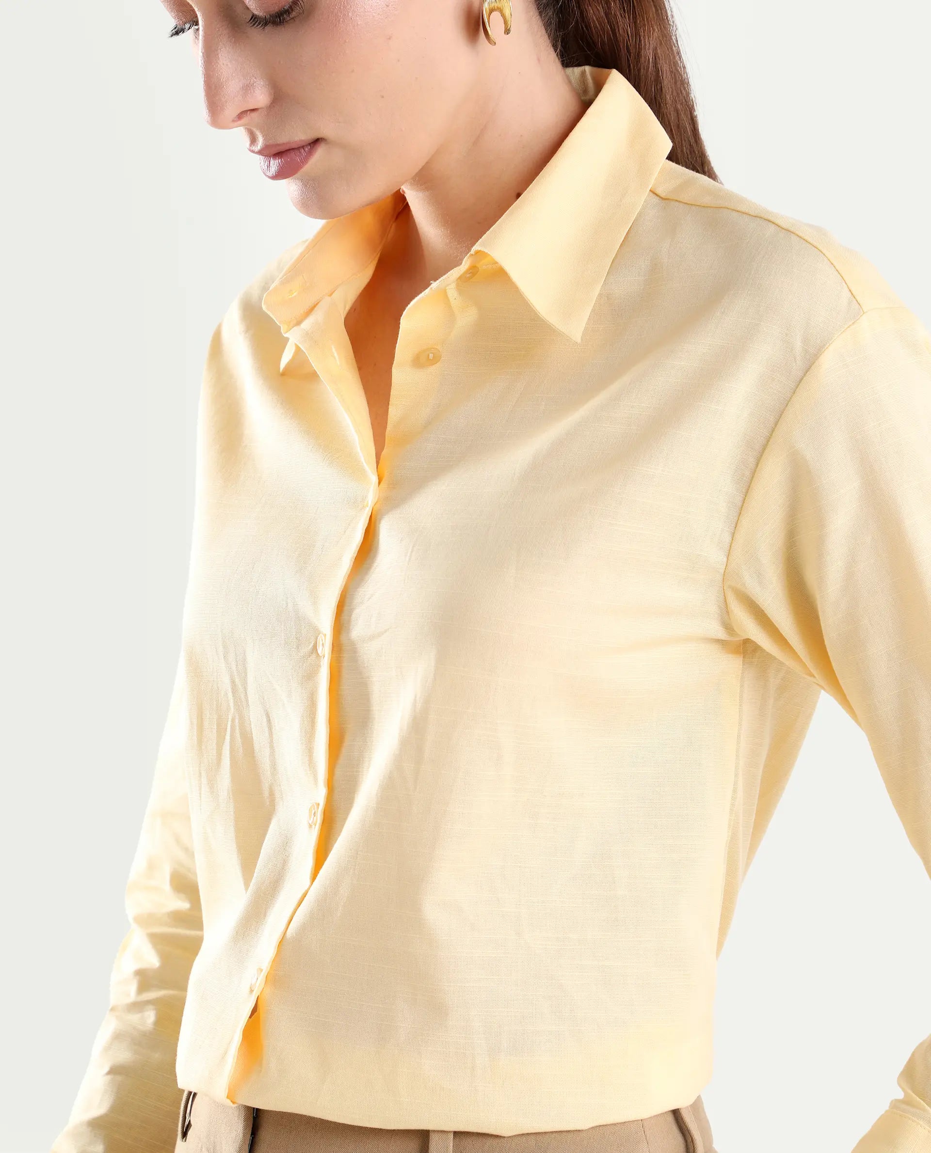 Rareism Women's Mewok Yellow Cotton Full Sleeve Spread Collar Regular Plain Shirt