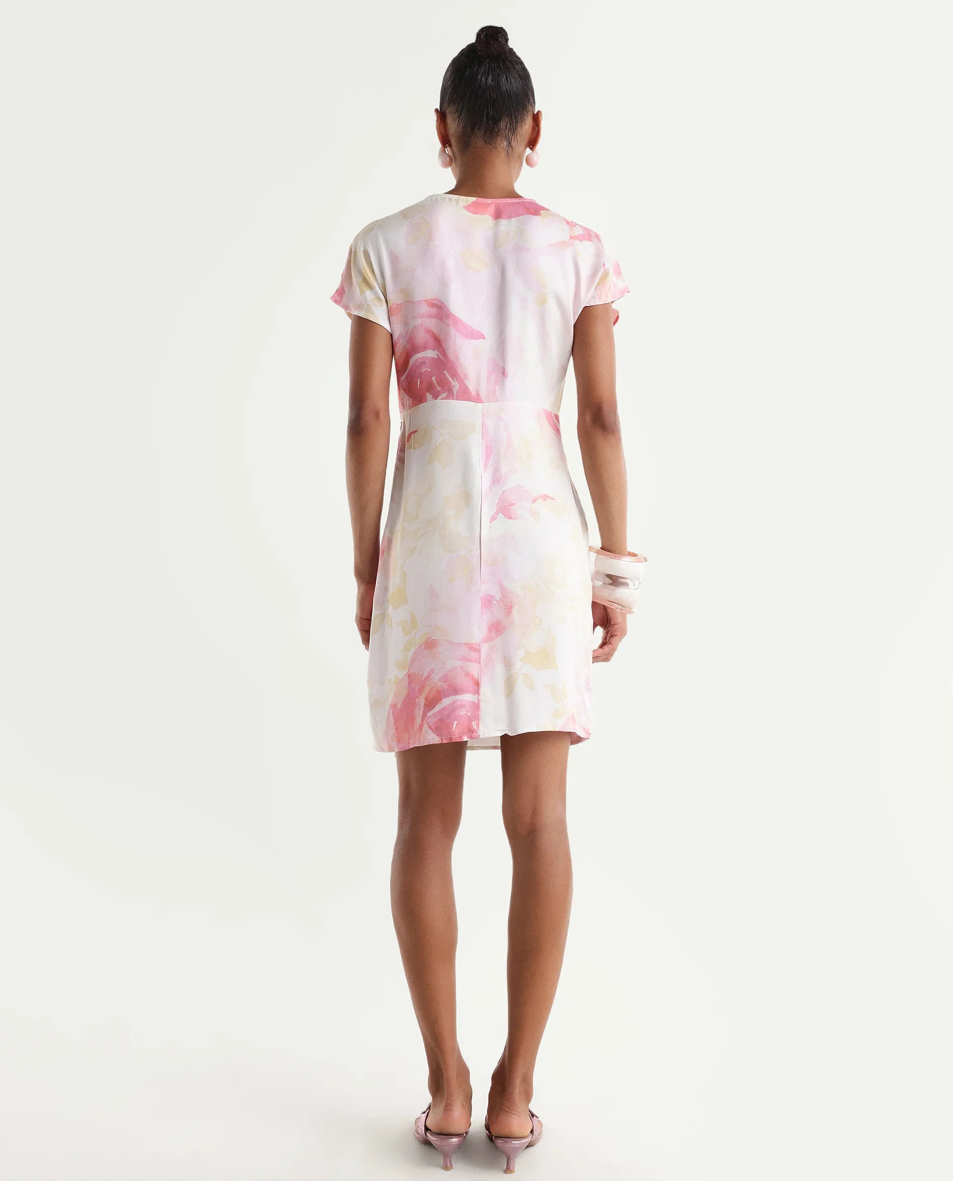 Rareism Women's Meya Off White Cotton Satin Half Sleeve V-Neck Floral Print Dress