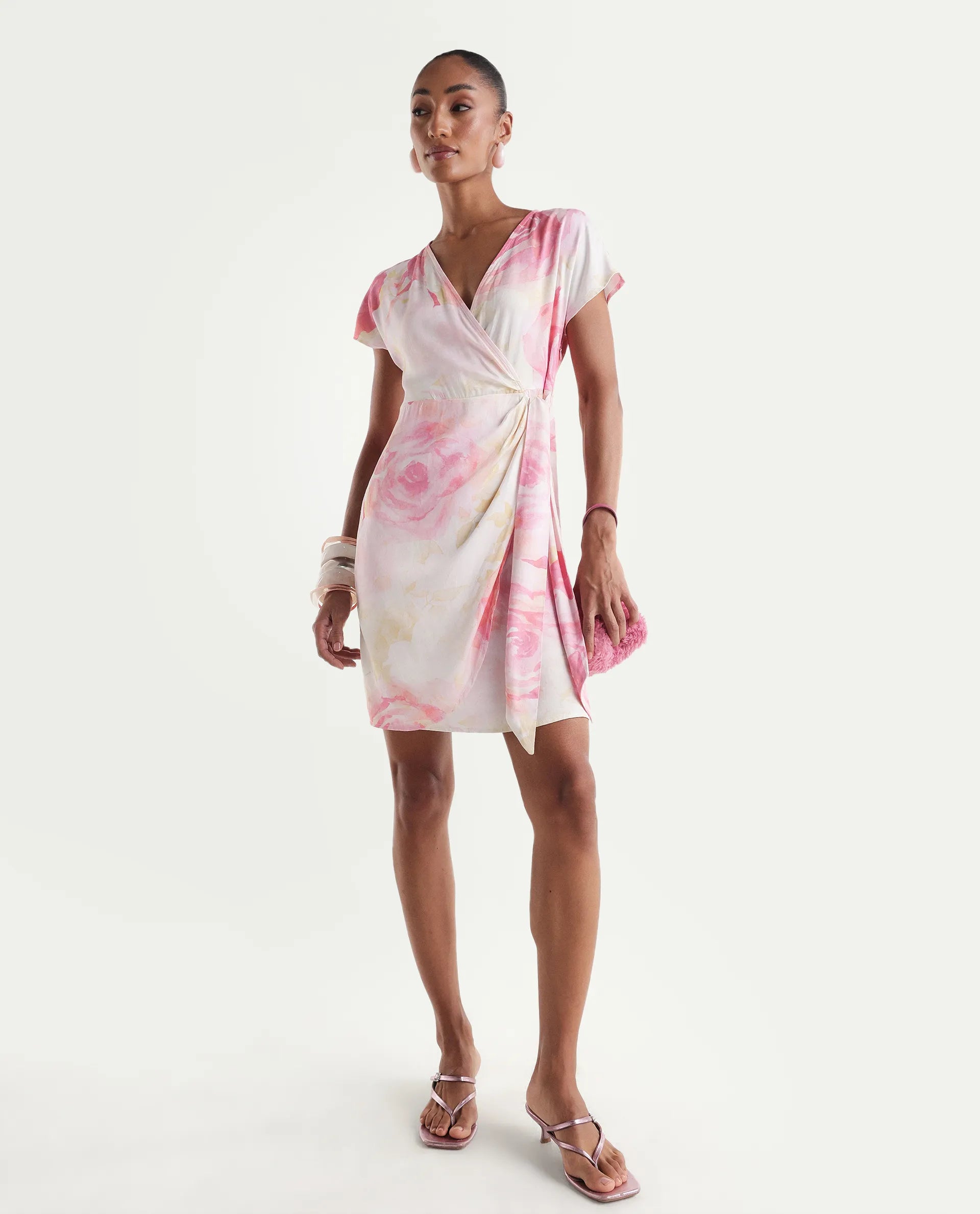 Rareism Women's Meya Off White Cotton Satin Half Sleeve V-Neck Floral Print Dress