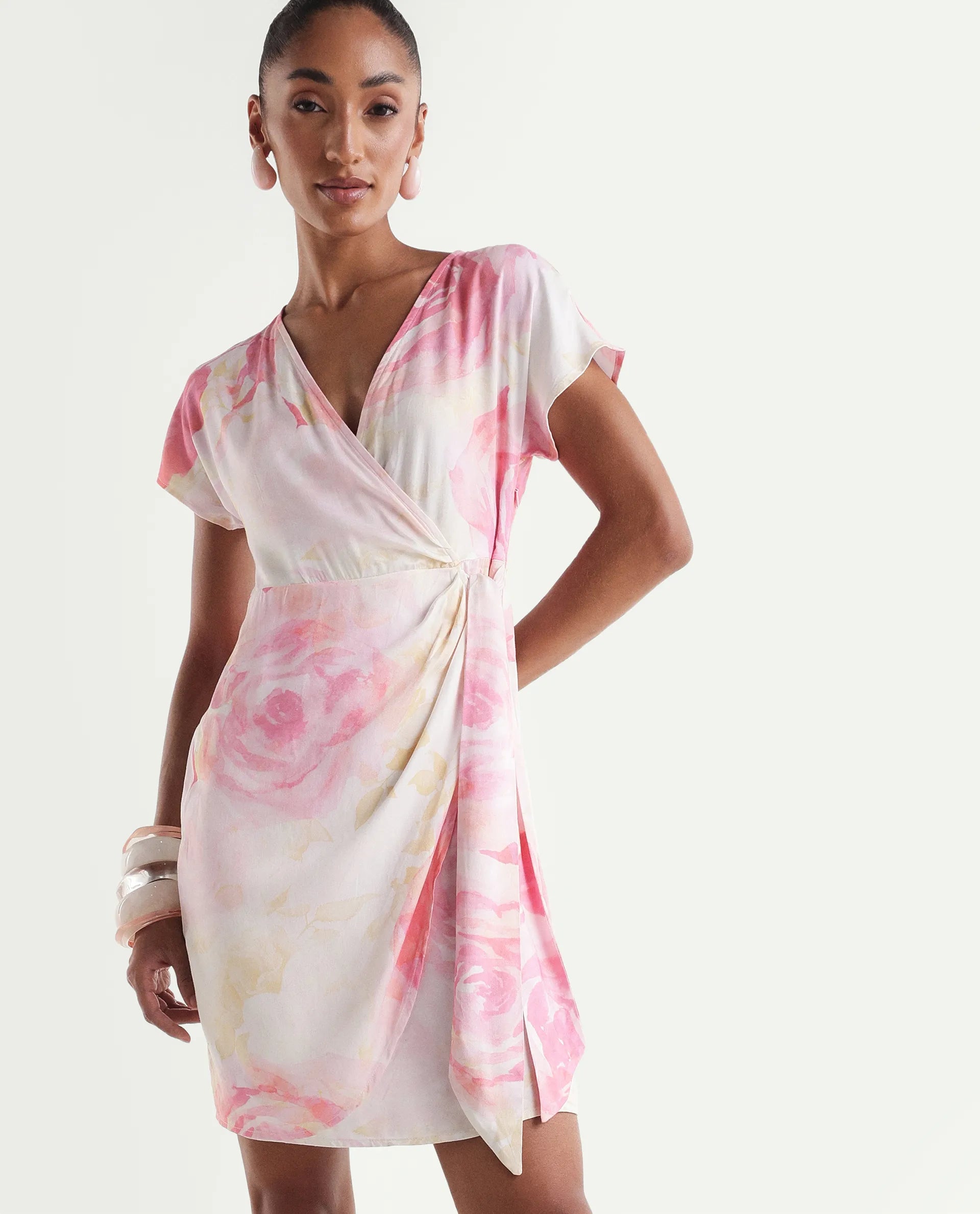 Rareism Women's Meya Off White Cotton Satin Half Sleeve V-Neck Floral Print Dress