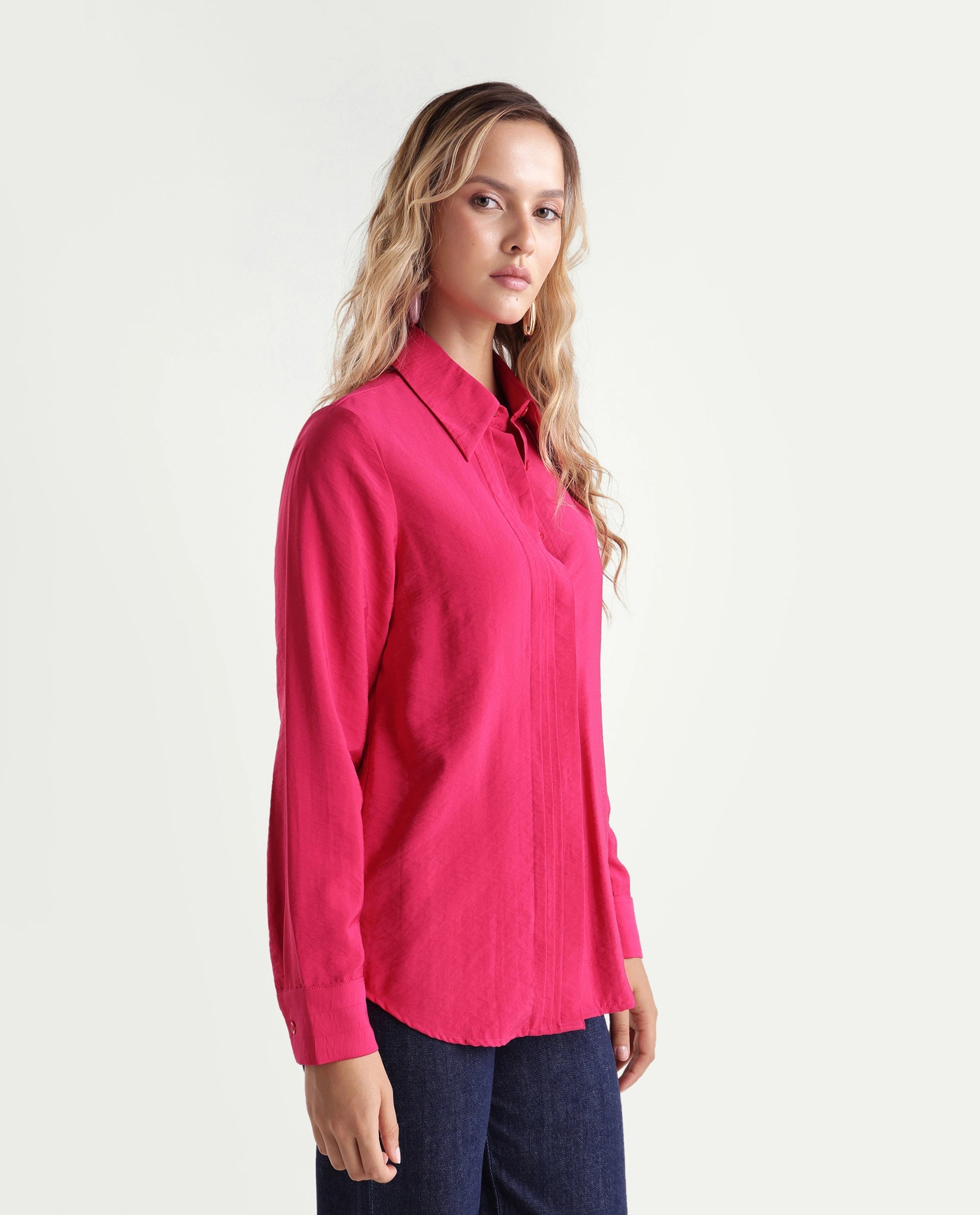 Rareism Women's Mibo Pink Plain Viscose Regular Full Sleeve Shirt
