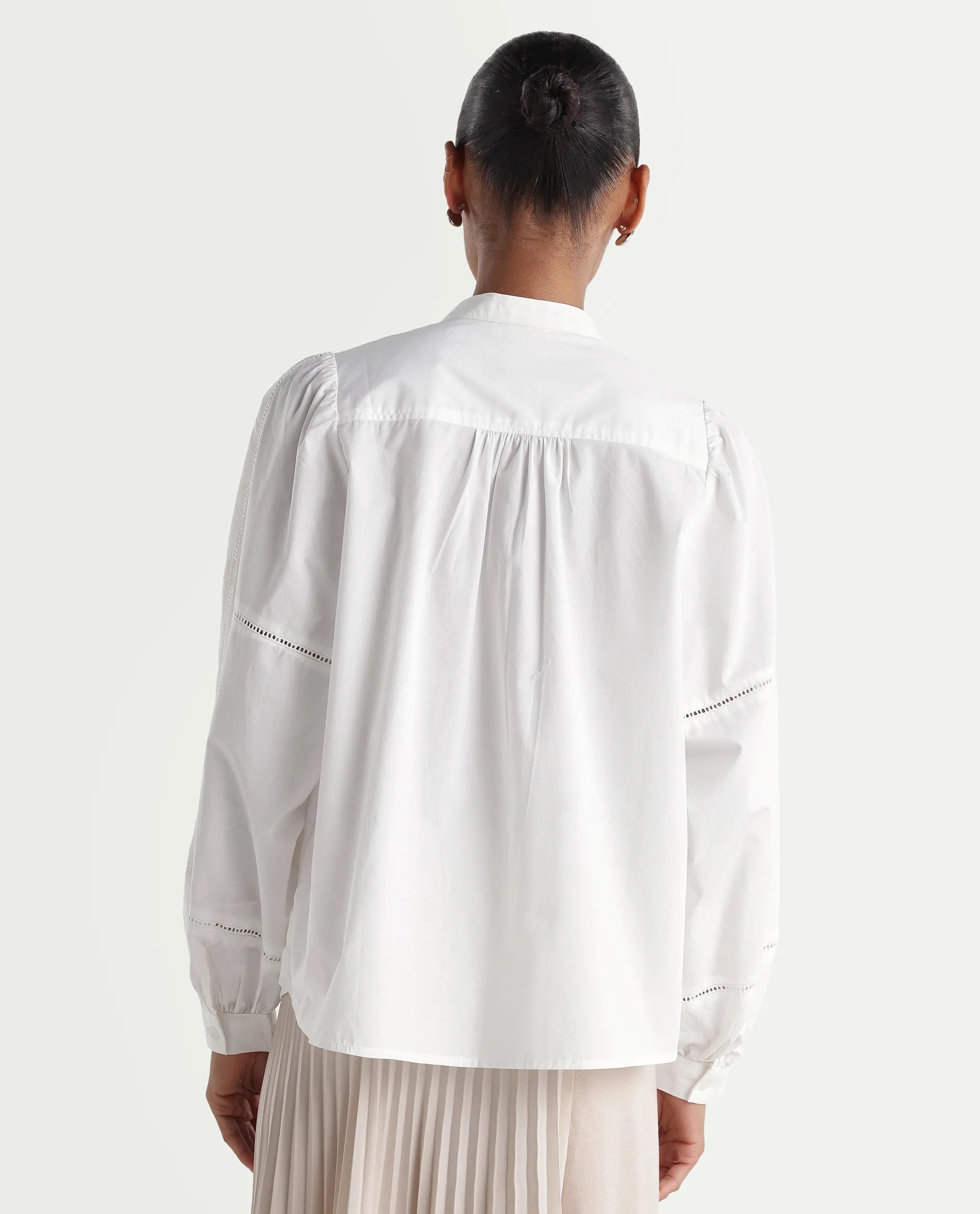 Rareism Women's Miel Off White Cotton Full Sleeve Mandarin Collar Relaxed Embroidered Top