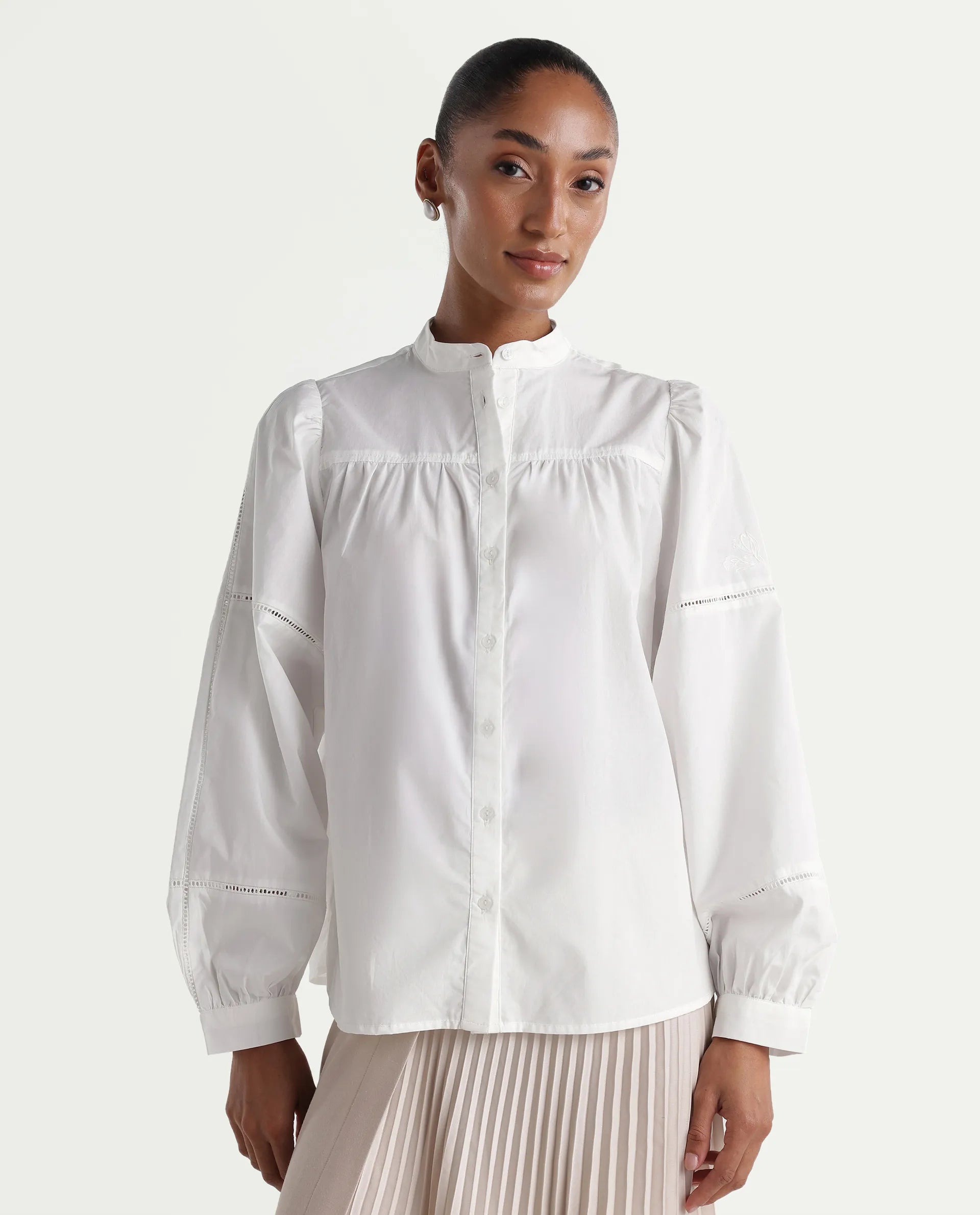 Rareism Women's Miel Off White Cotton Full Sleeve Mandarin Collar Relaxed Embroidered Top