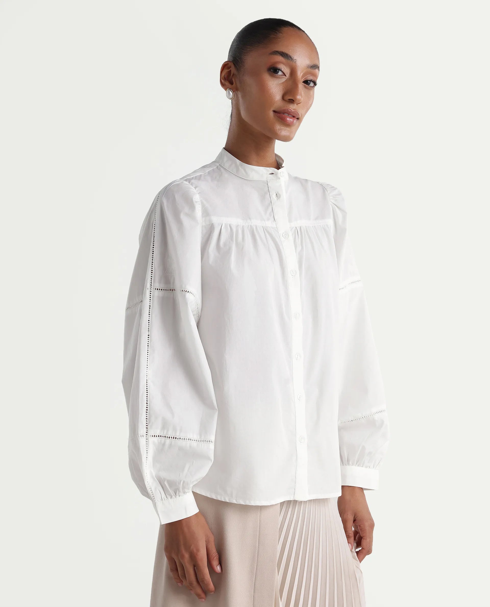 Rareism Women's Miel Off White Cotton Full Sleeve Mandarin Collar Relaxed Embroidered Top