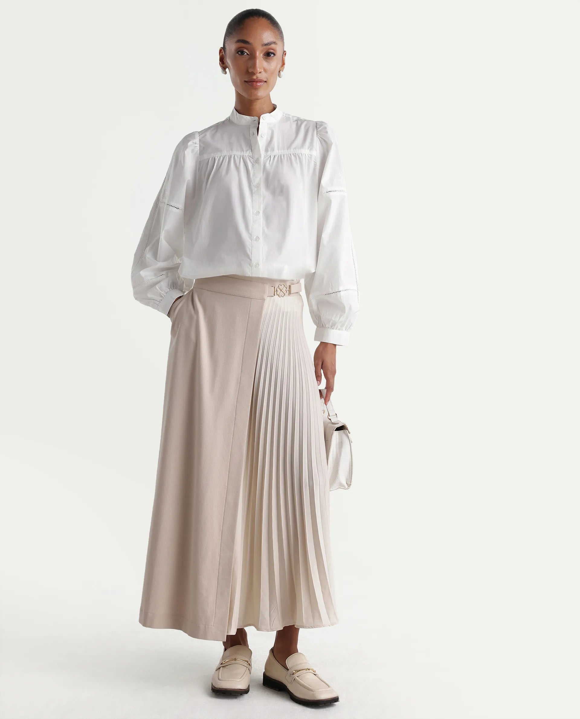 Rareism Women's Miel Off White Cotton Full Sleeve Mandarin Collar Relaxed Embroidered Top
