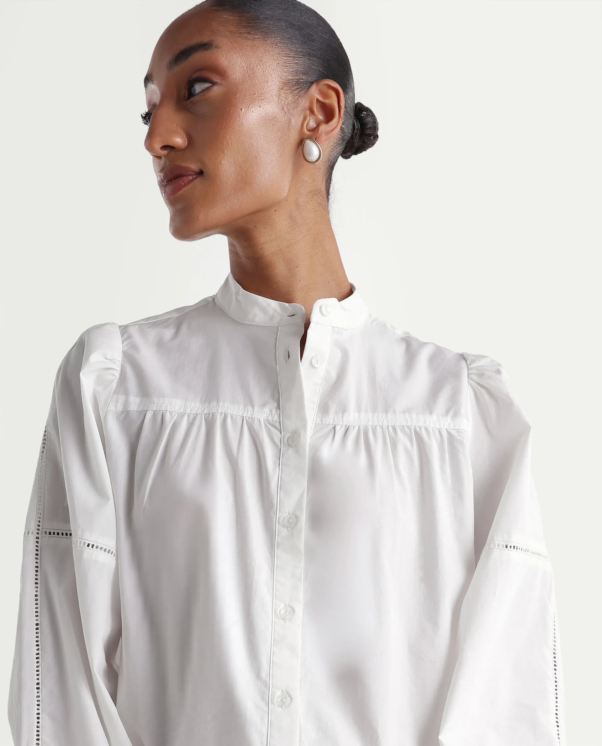 Rareism Women's Miel Off White Cotton Full Sleeve Mandarin Collar Relaxed Embroidered Top