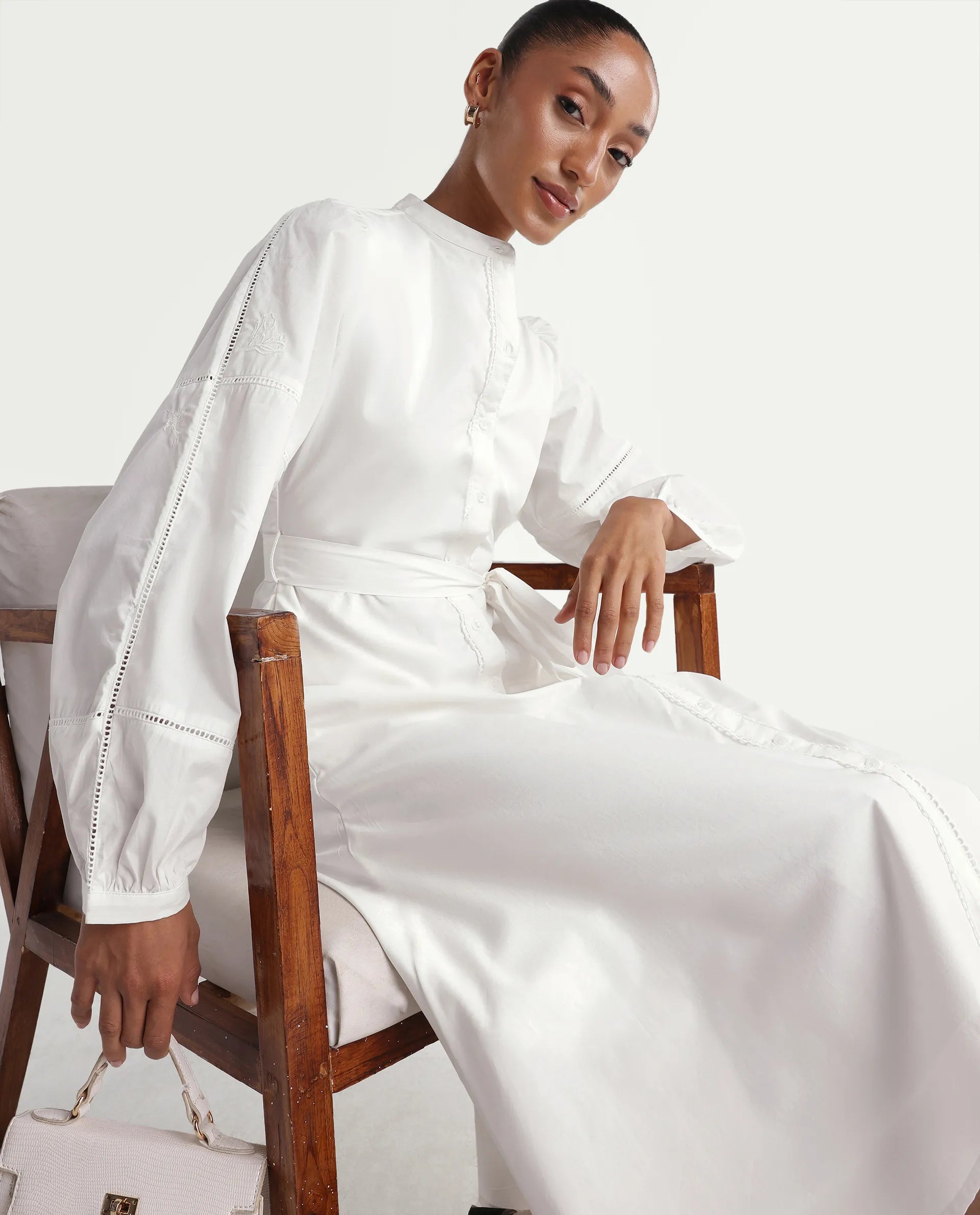 Rareism Women's Miko Off White Cotton Full Sleeve Mandarin Collar A-Line Embroidered Dress