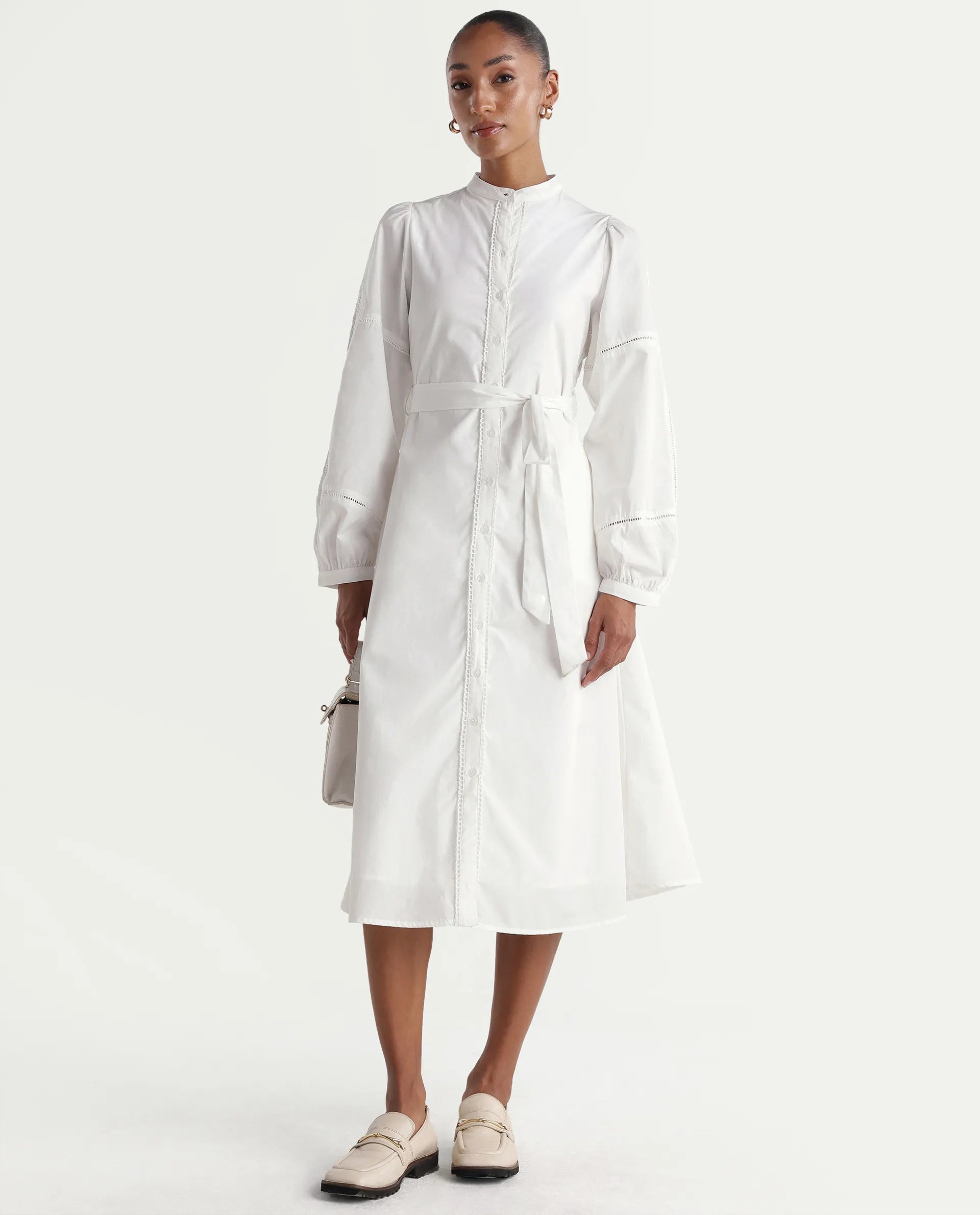 Rareism Women's Miko Off White Cotton Full Sleeve Mandarin Collar A-Line Embroidered Dress