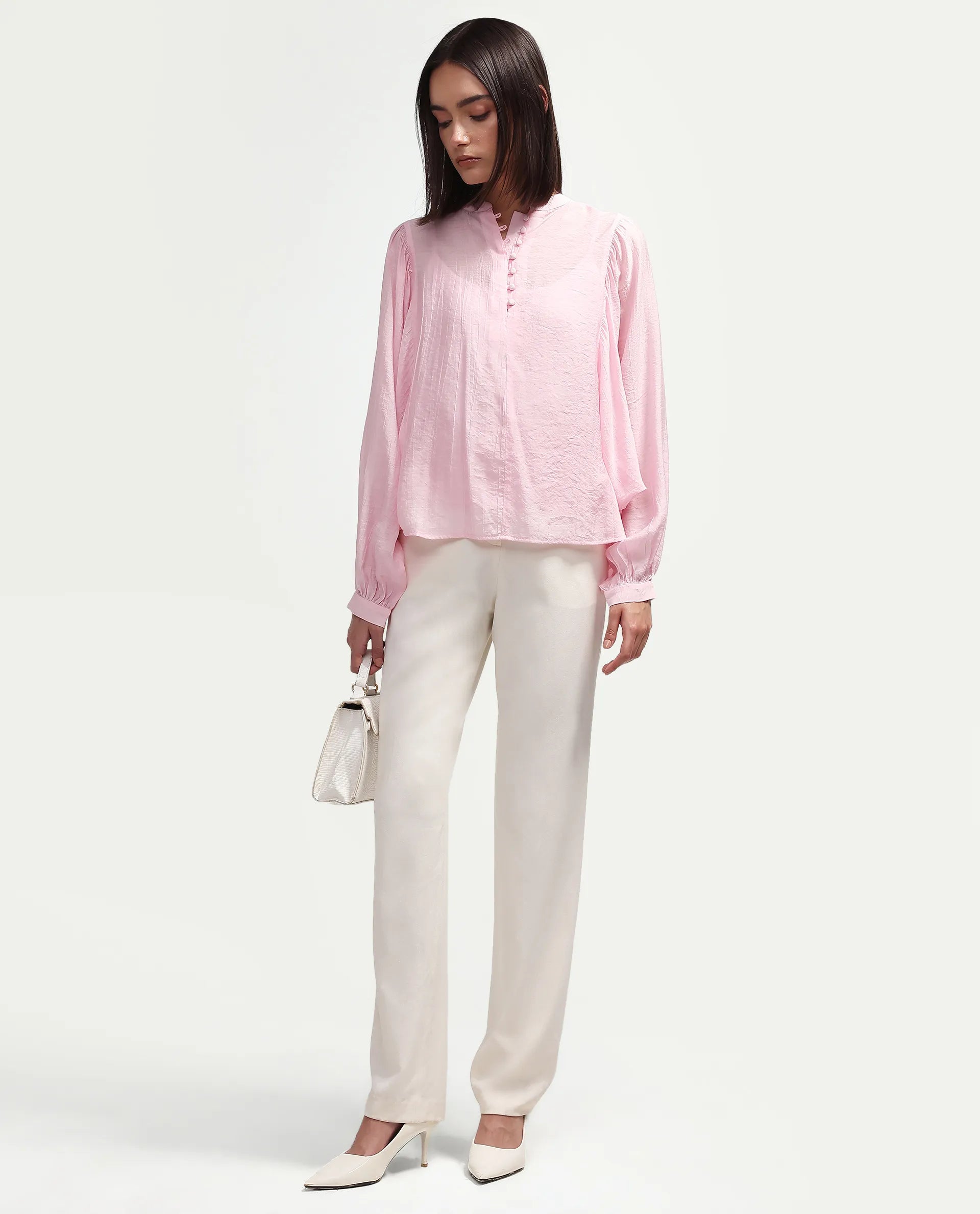 Rareism Women's Minis Light Pink Viscose Full Sleeve Band Collar Regular Top