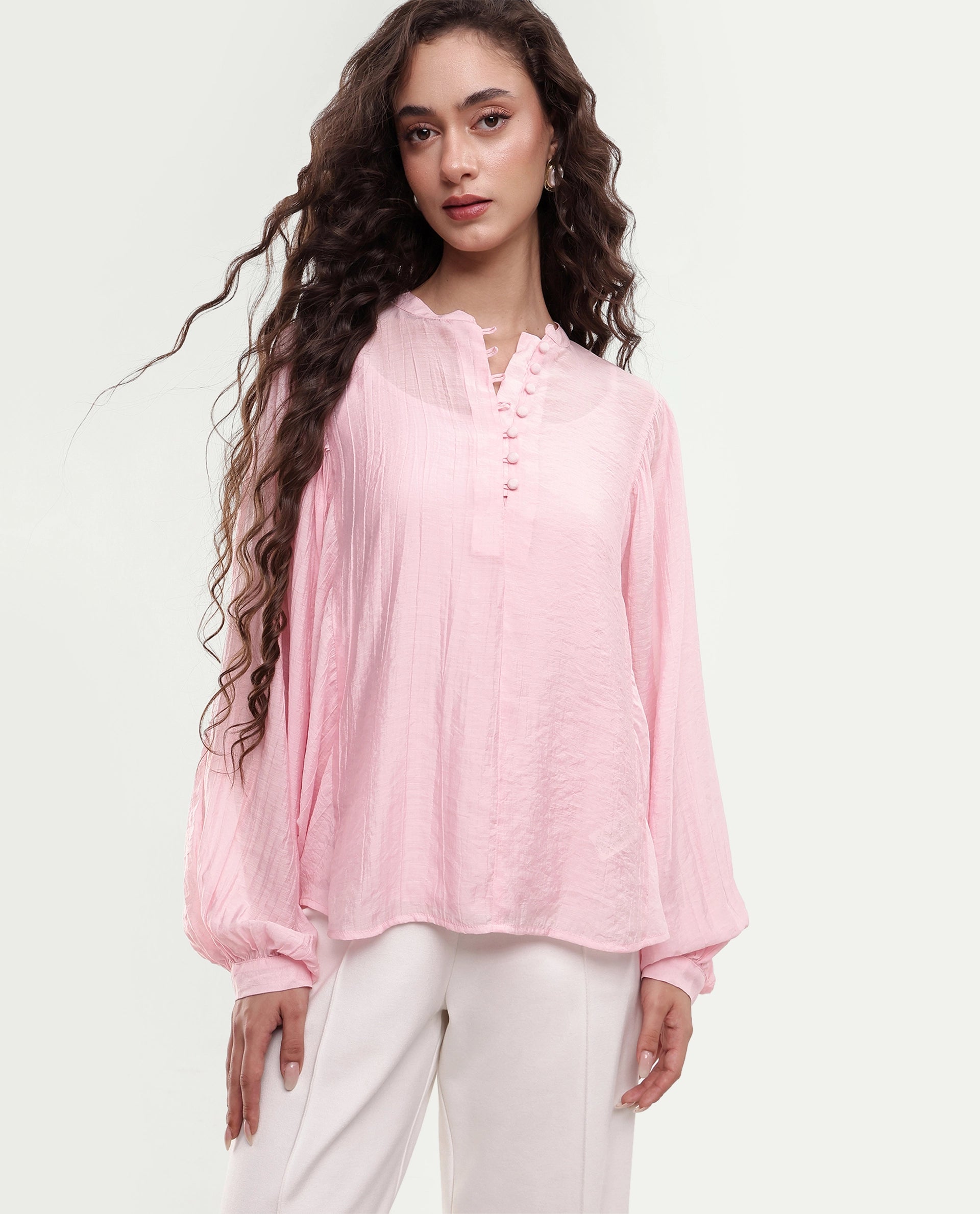 Rareism Women's Minis Light Pink Viscose Full Sleeve Band Collar Regular Top
