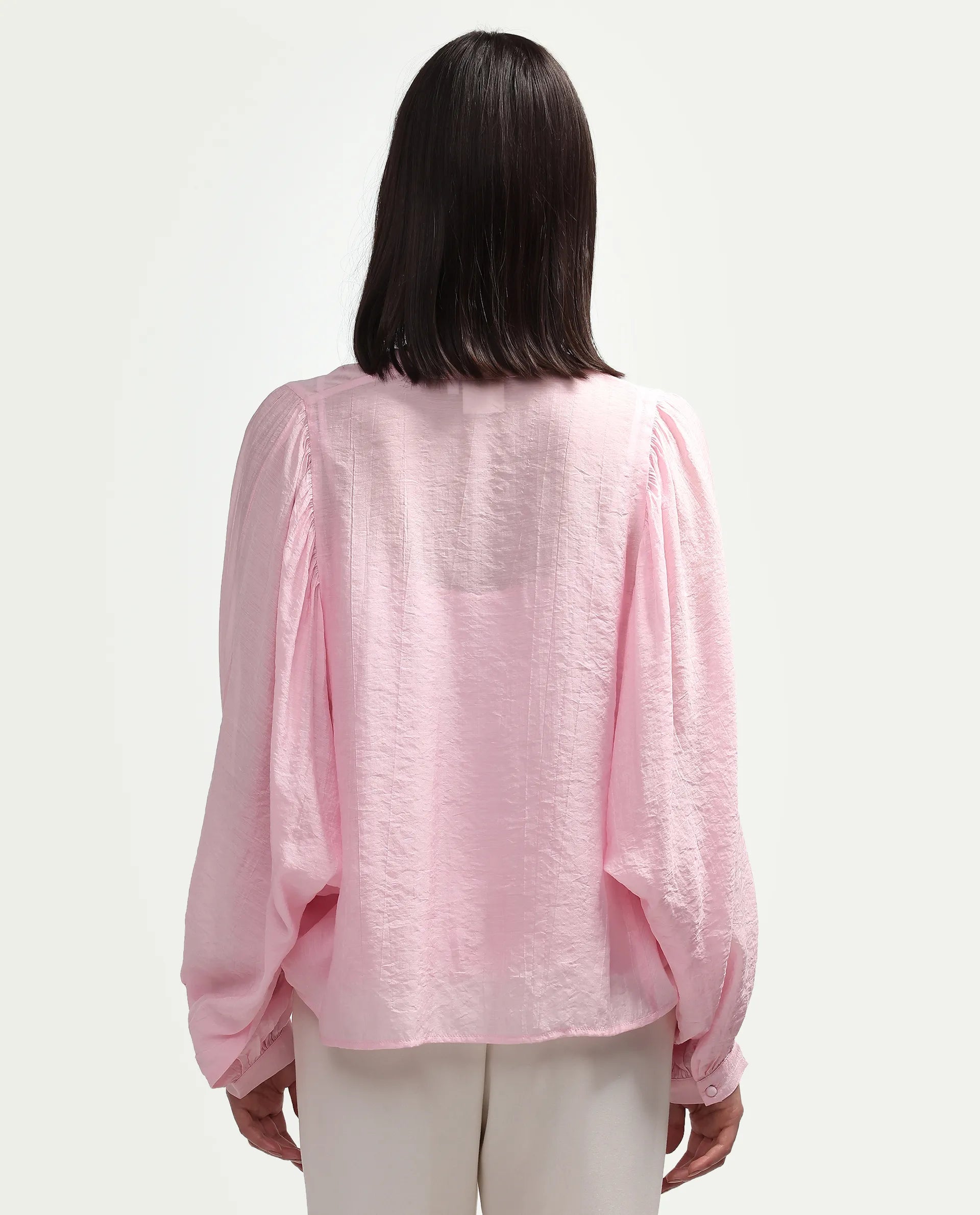 Rareism Women's Minis Light Pink Viscose Full Sleeve Band Collar Regular Top