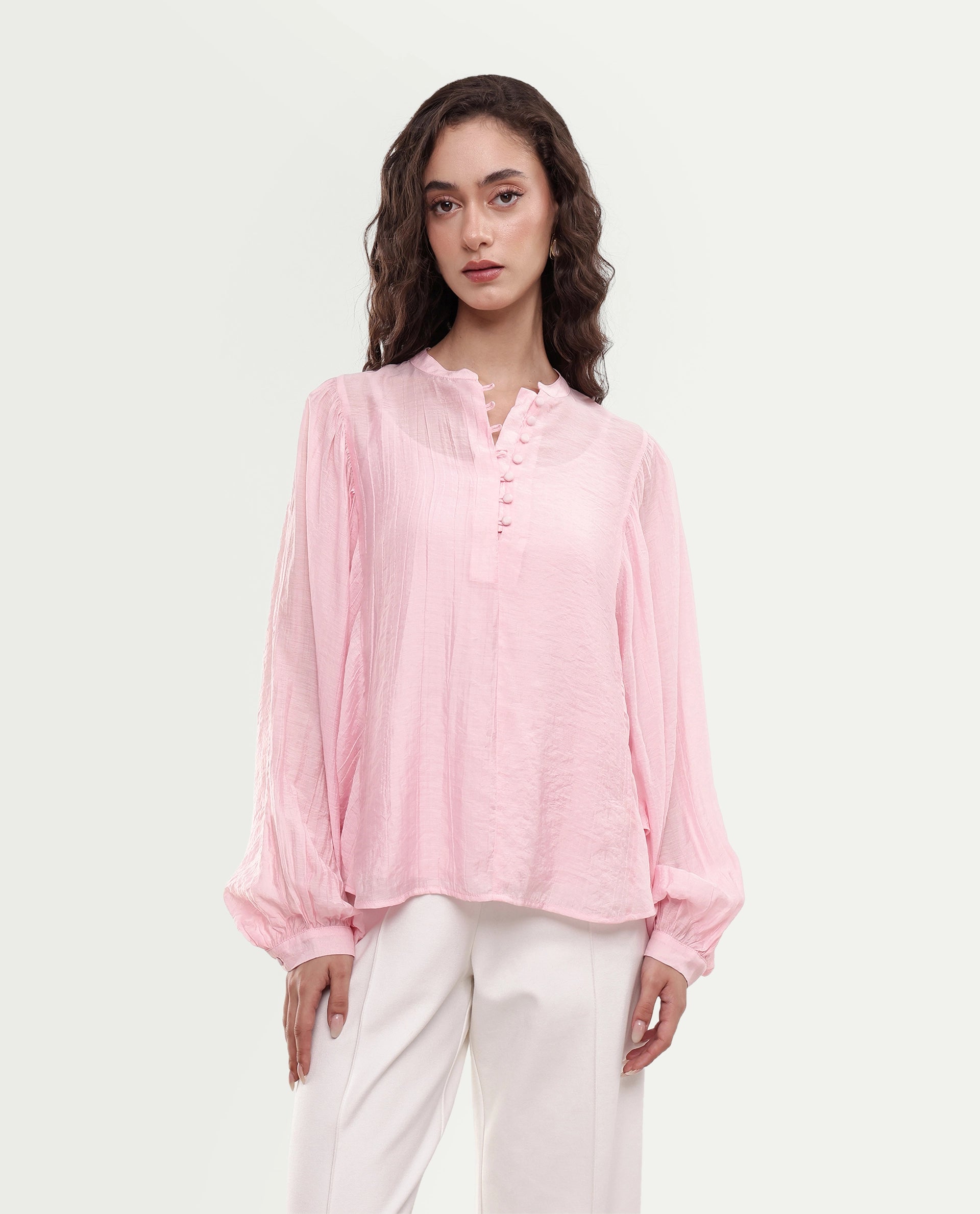 Rareism Women's Minis Light Pink Viscose Full Sleeve Band Collar Regular Top