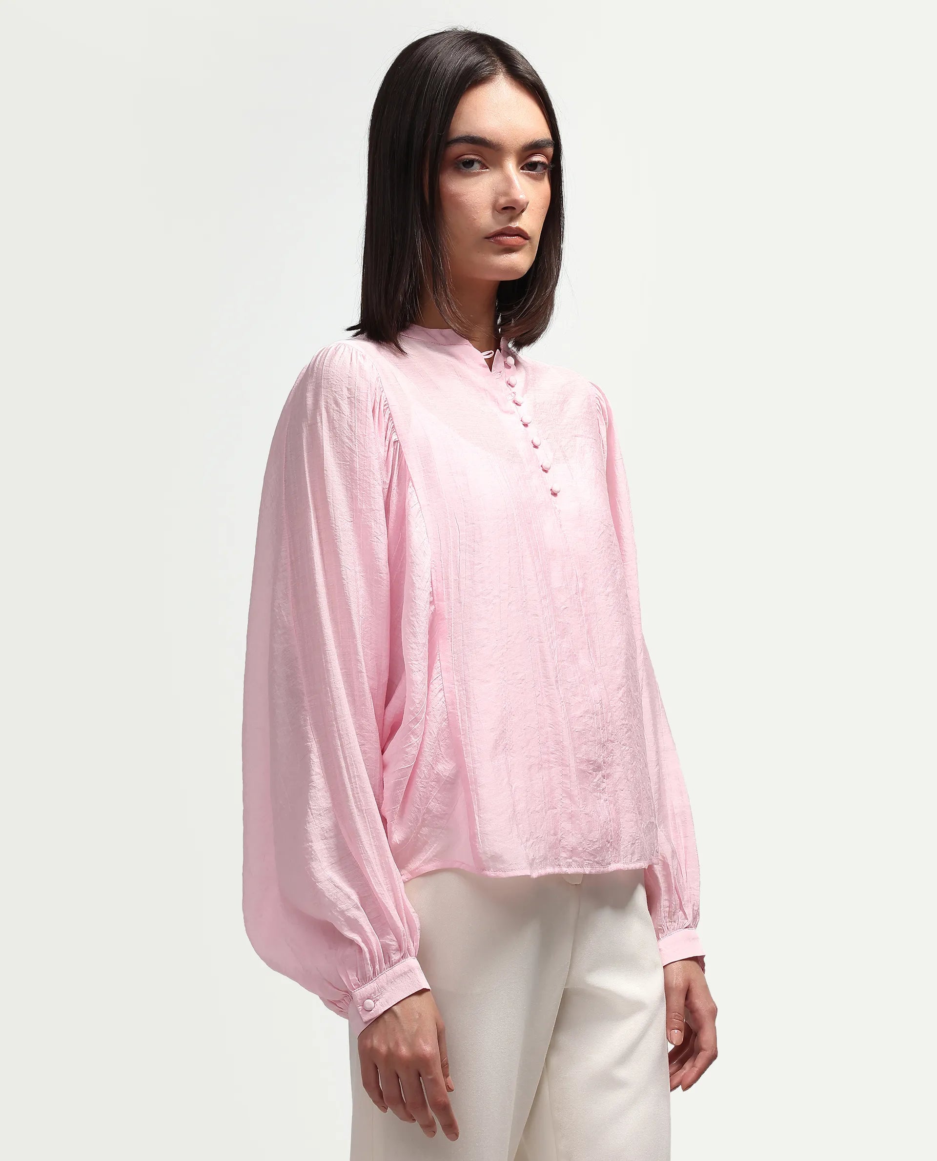 Rareism Women's Minis Light Pink Viscose Full Sleeve Band Collar Regular Top