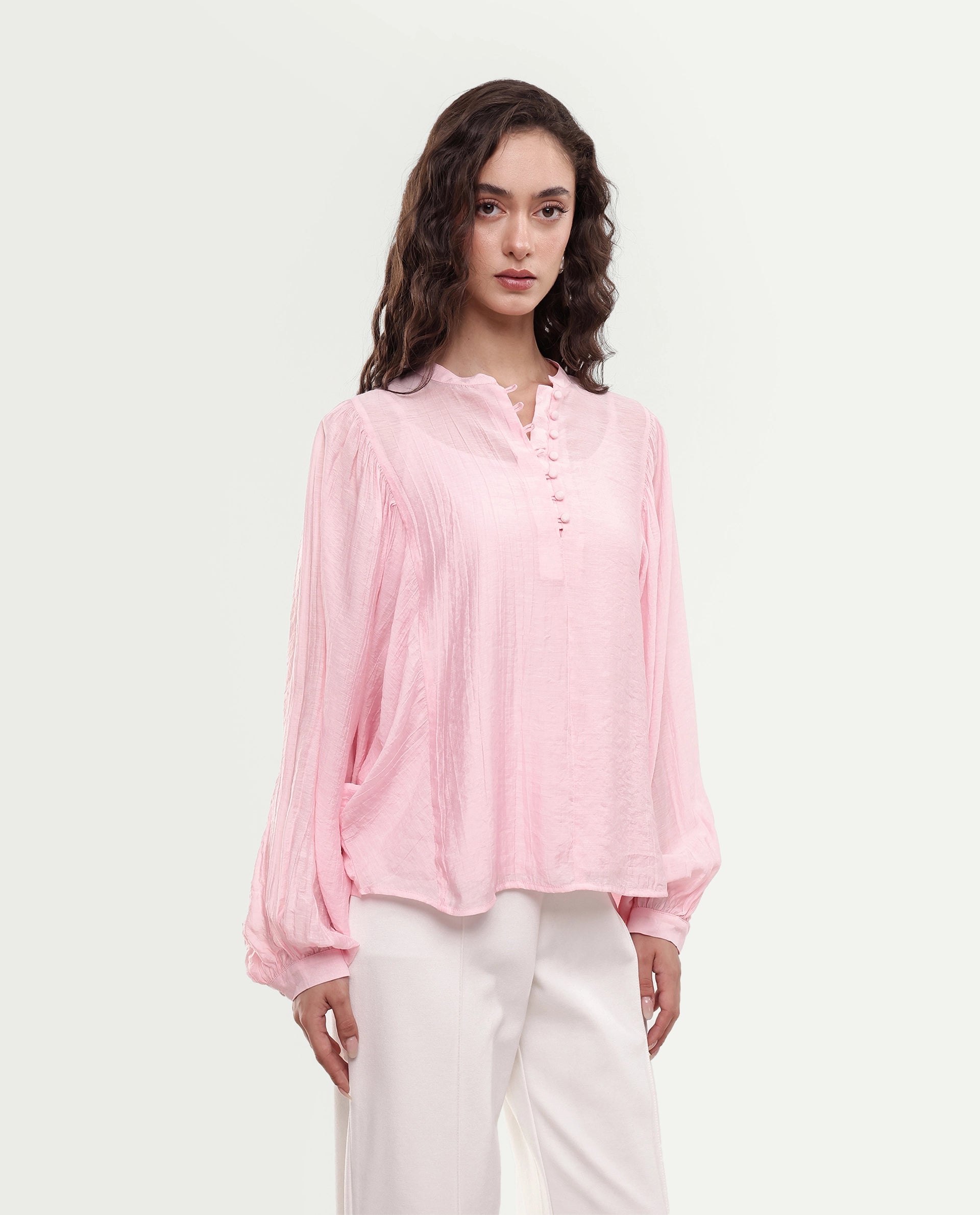 Rareism Women's Minis Light Pink Viscose Full Sleeve Band Collar Regular Top