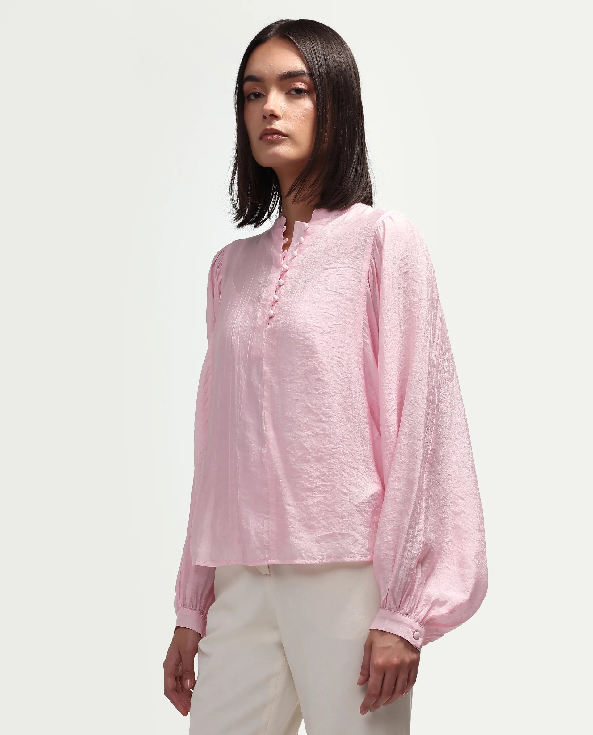 Rareism Women's Minis Light Pink Viscose Full Sleeve Band Collar Regular Top