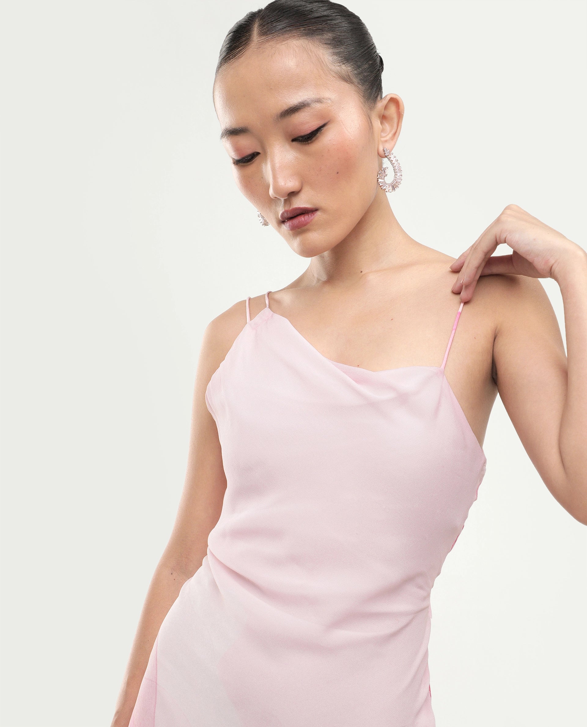 Rareism Women's Minzo Light Pink Viscose Sleeveless One Shoulder Asymmetric Floral Print Dress