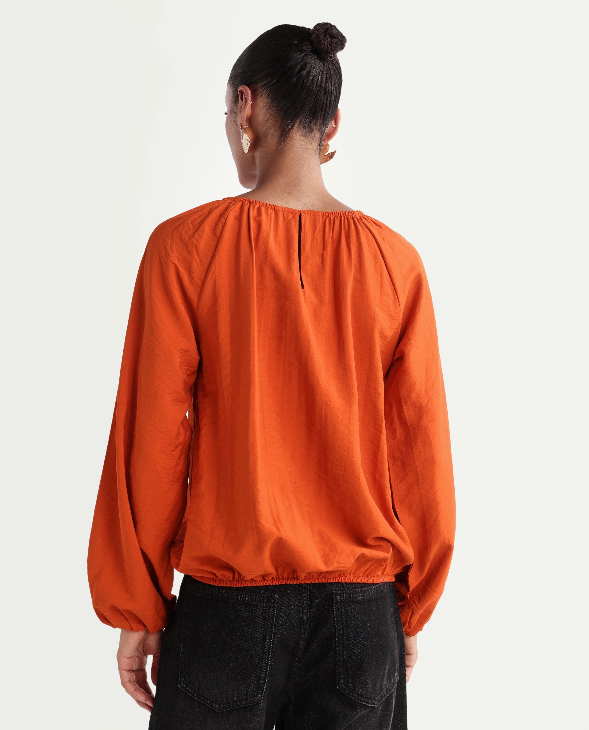 Rareism Women's Miro Rust Viscose Full Sleeve Crew Neck Regular Top