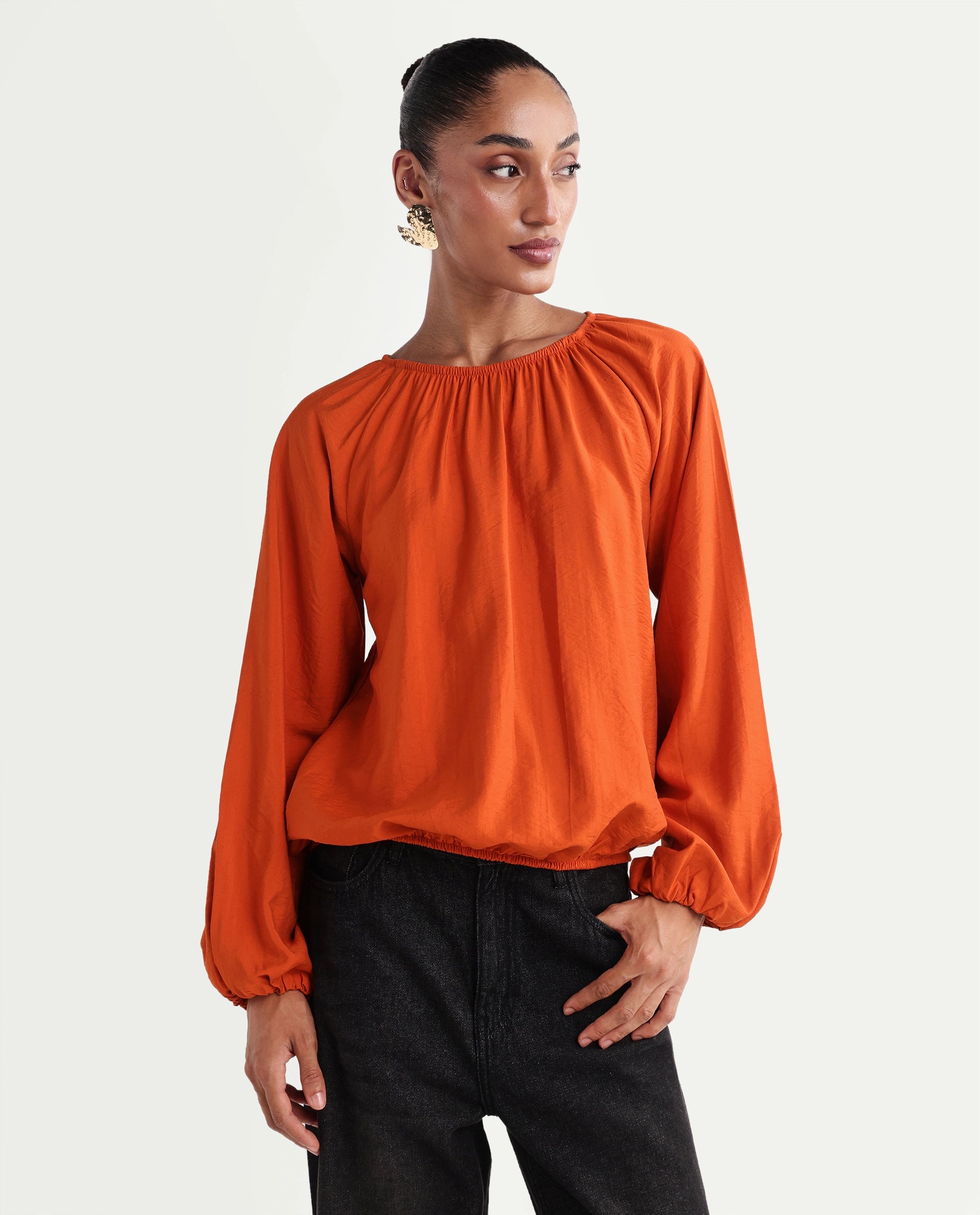 Rareism Women's Miro Rust Viscose Full Sleeve Crew Neck Regular Top