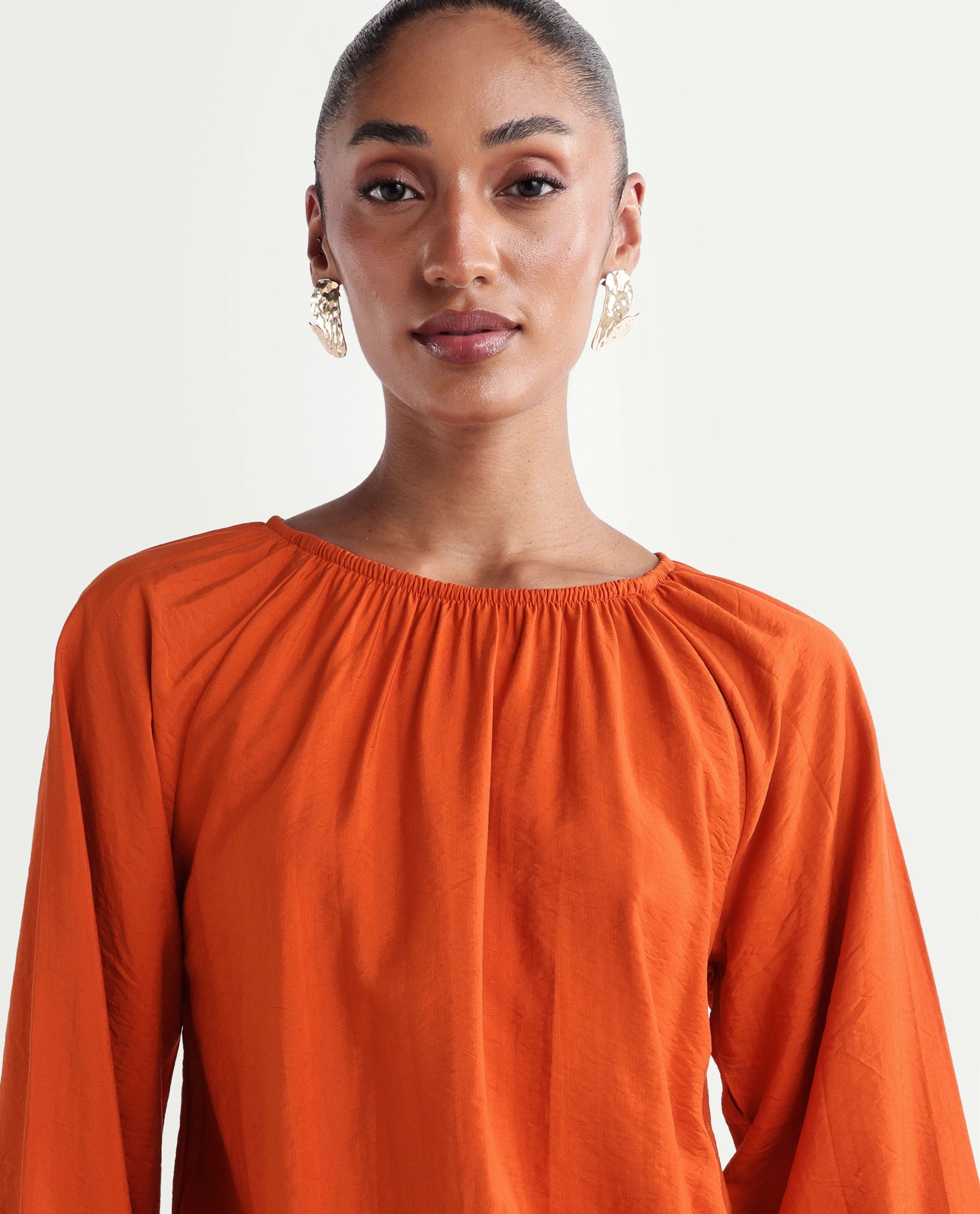 Rareism Women's Miro Rust Viscose Full Sleeve Crew Neck Regular Top