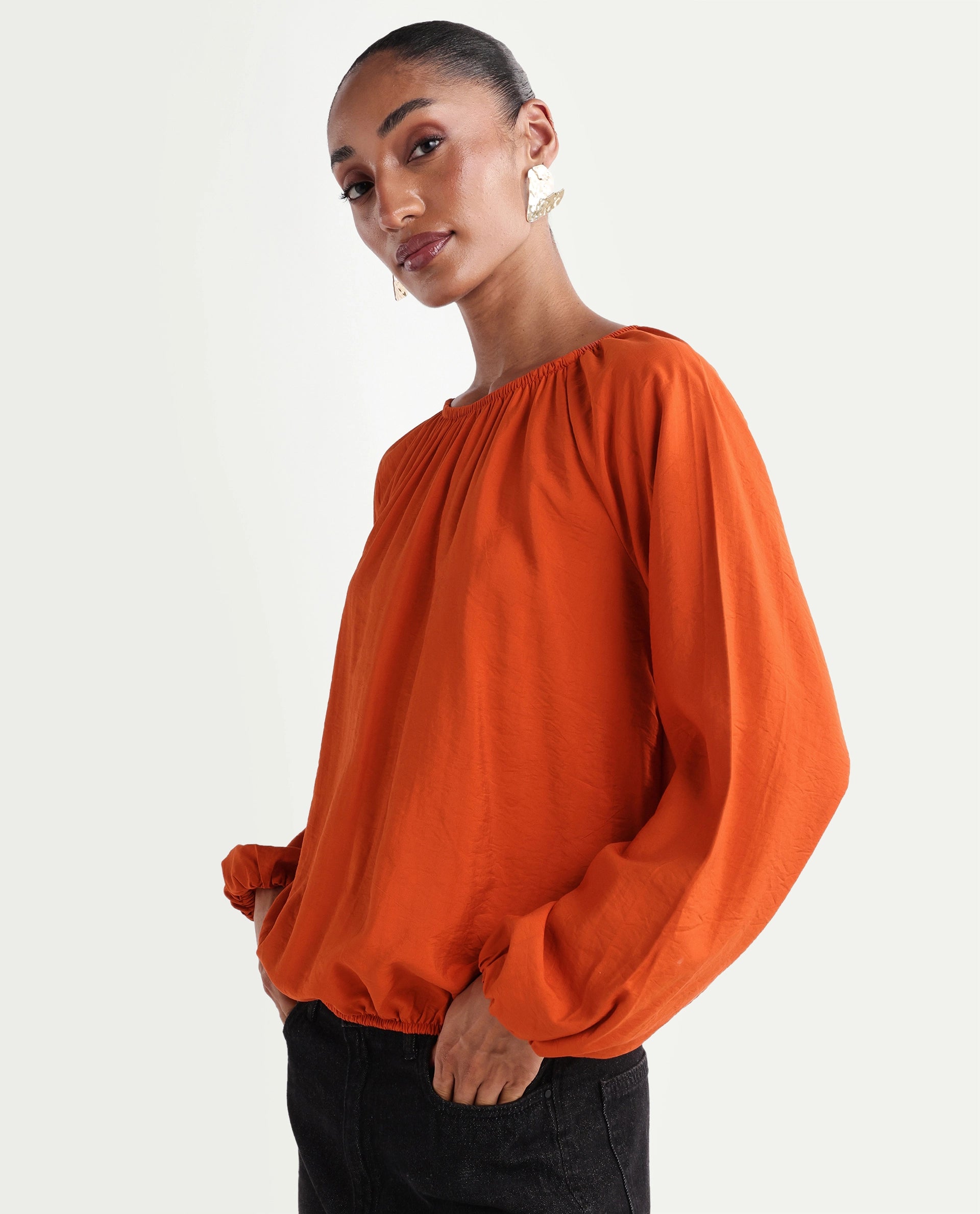 Rareism Women's Miro Rust Viscose Full Sleeve Crew Neck Regular Top